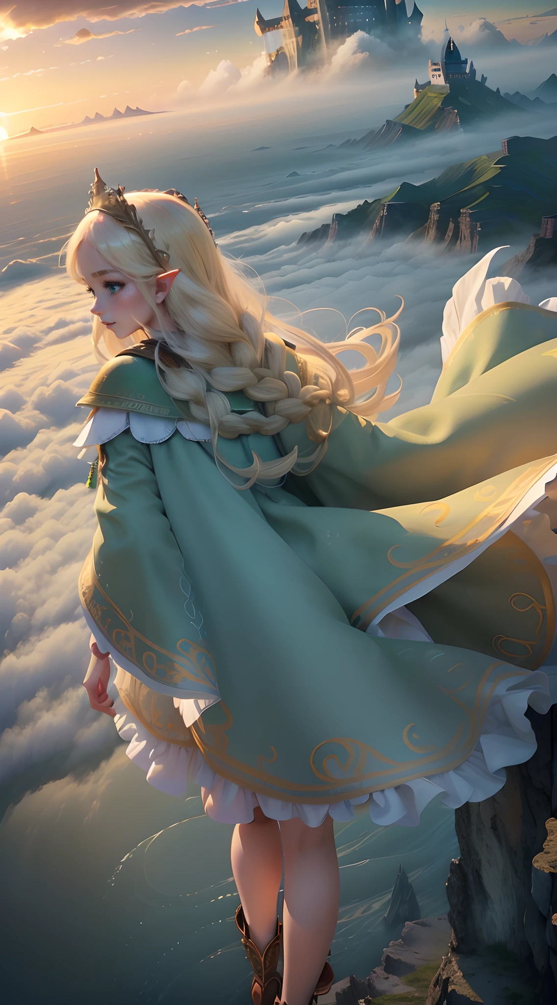 (((Masterpiece, Best Quality, High Definition, High Detail)))), ((Fantasy)), One, (Elf Queen)))), (White Short Skirt with Gold Embroidery), (Blonde Long Braid Hair), (Glossy Dark Green Big Eyes), Long Cloak Thick Large to Hide Mouth, (Green Surcoat with Gold Embroidery), Big, Smile, (High Mountain Peak)))), (((Castle in the Sky) )), (((((Sea of Clouds below)))), (crystal clear sky), (sunrise), breeze, lots of light grains flying, dynamic angle, from behind