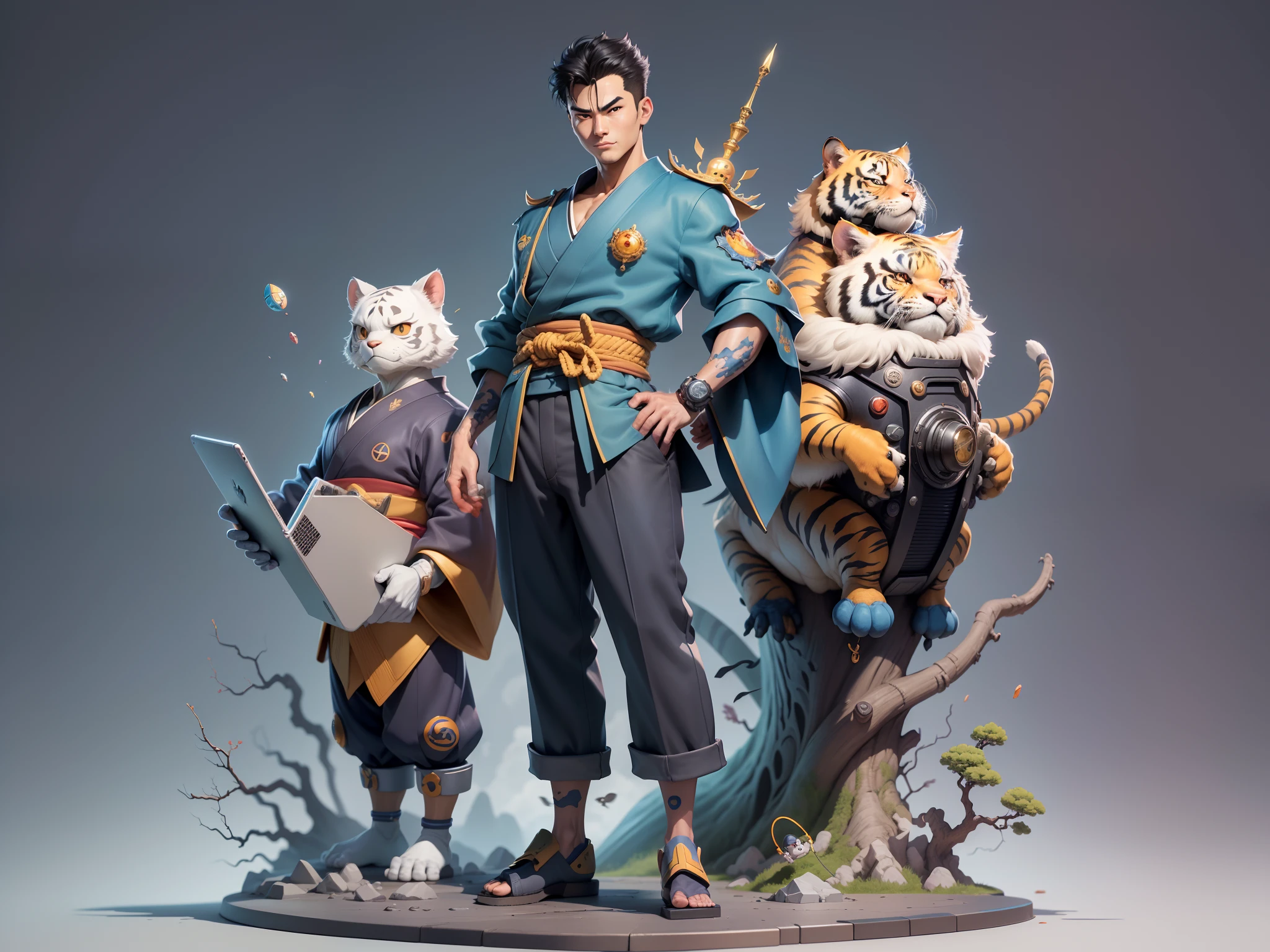 (Masterpiece), (Excellent), (Super Meticulous), (Full Body: 1.2), Super Young Man, Oriental Face, Japanese Kimono, Japanese Wind Thunder God, Dragon, Tiger, TV Anchor, Bust Portrait Illustration, Alone, Black Suit, Blue Tie, Slightly Chubby Face, Very Clean Face, No Beard, Black Super Short Hair, Black Eyes, Confident Smile, 3c Computer Sub-Products, iPad, iPhone, Digital Painting, 3D Character Design by Akira Toriyama and Mark Claireden and Pixar and Hayao Miyazaki, The illustration is a high-definition illustration in 4K resolution with very detailed facial features and cartoon-style visuals.