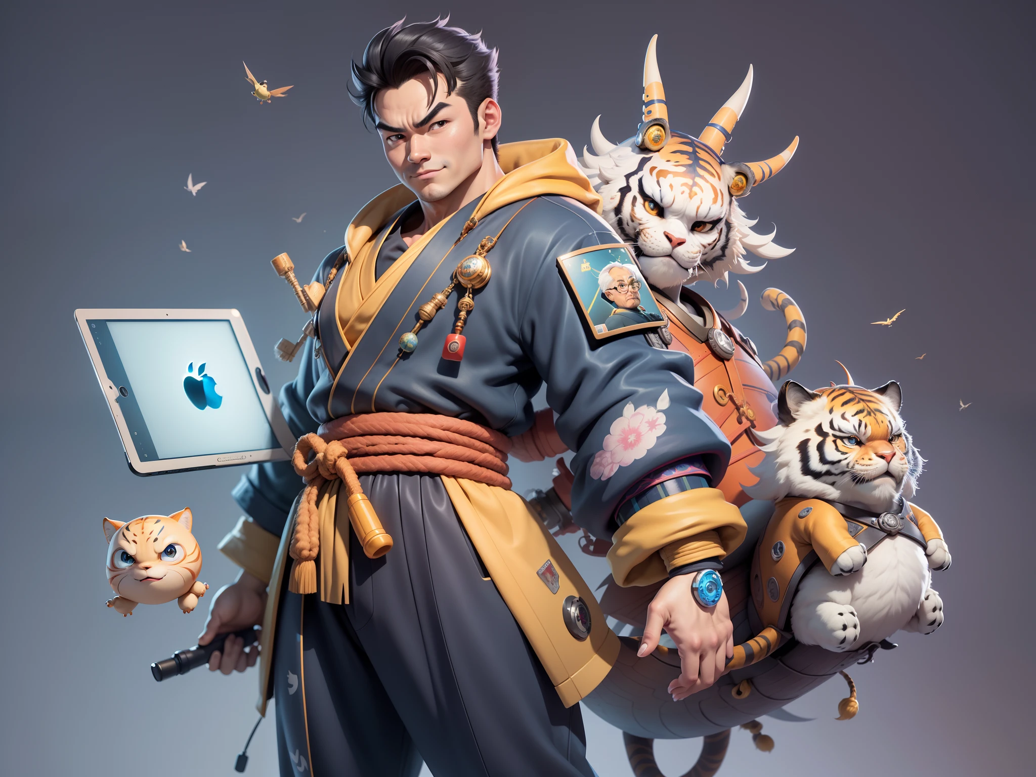 (Masterpiece), (Excellent), (Super Meticulous), (Full Body: 1.2), Super Young Man, Oriental Face, Japanese Kimono, Japanese Wind Thunder God, Dragon, Tiger, TV Anchor, Bust Portrait Illustration, Alone, Black Suit, Blue Tie, Slightly Chubby Face, Very Clean Face, No Beard, Black Super Short Hair, Black Eyes, Confident Smile, 3c Computer Sub-Products, iPad, iPhone, Digital Painting, 3D Character Design by Akira Toriyama and Mark Claireden and Pixar and Hayao Miyazaki, The illustration is a high-definition illustration in 4K resolution with very detailed facial features and cartoon-style visuals.