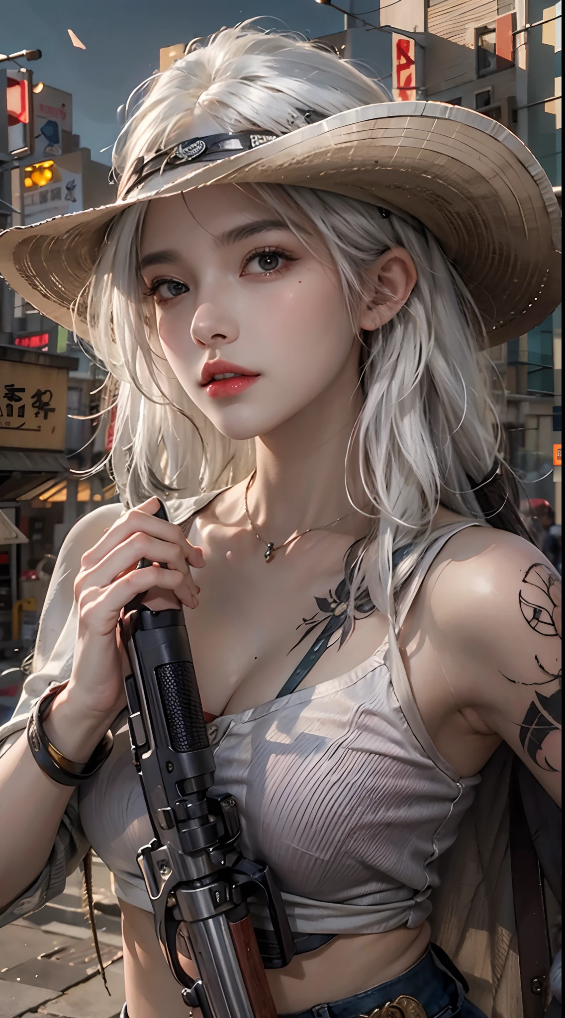 photorealistic, high resolution, 1women, solo, hips up, look at viewer, (detailed face), white hair, cowboy, gun, jewelry, tattoo