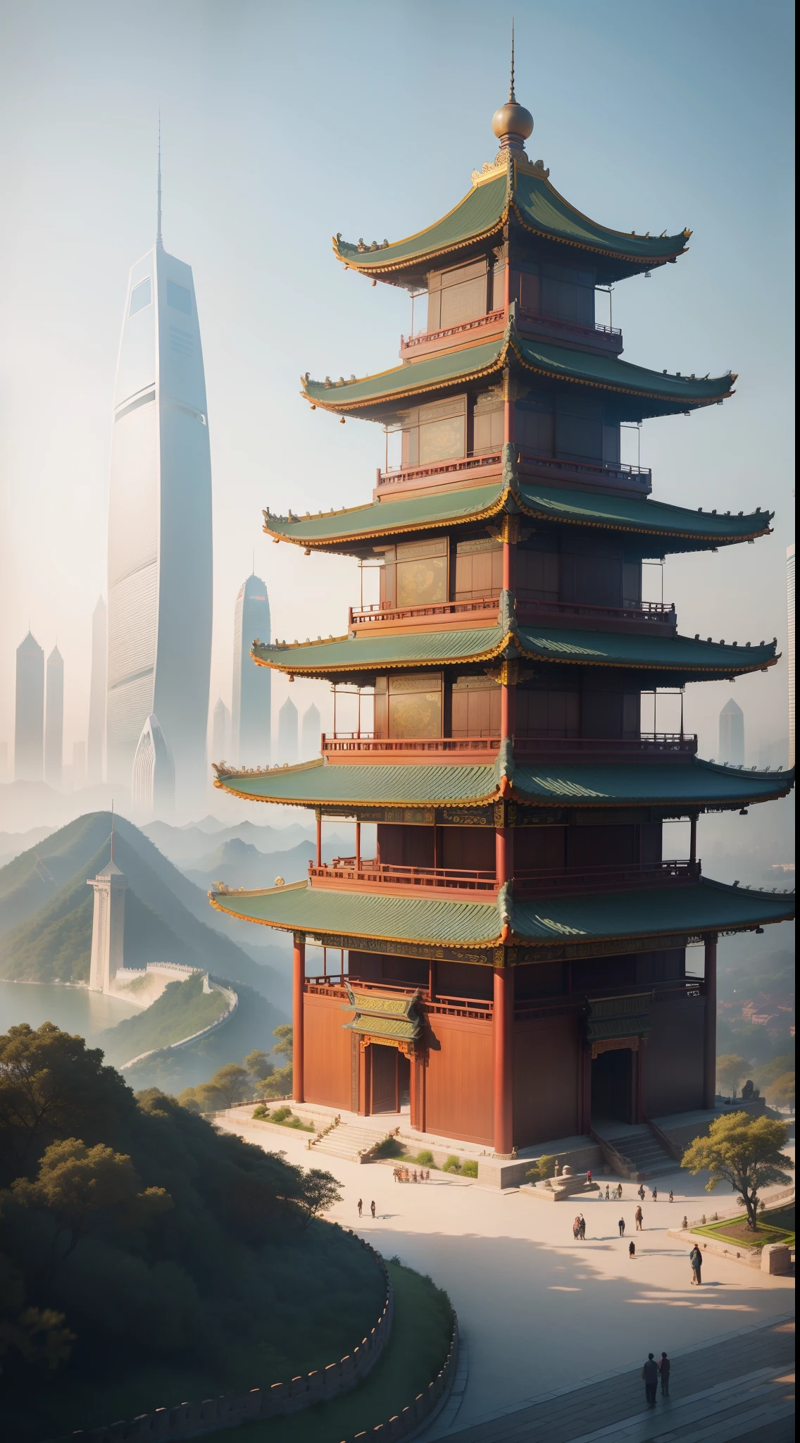 "Various types of architecture in China, showcasing a rich blend of traditional designs and modern skyscrapers, such as the iconic Great Wall, intricate temples, and futuristic structures like the Shanghai Tower."