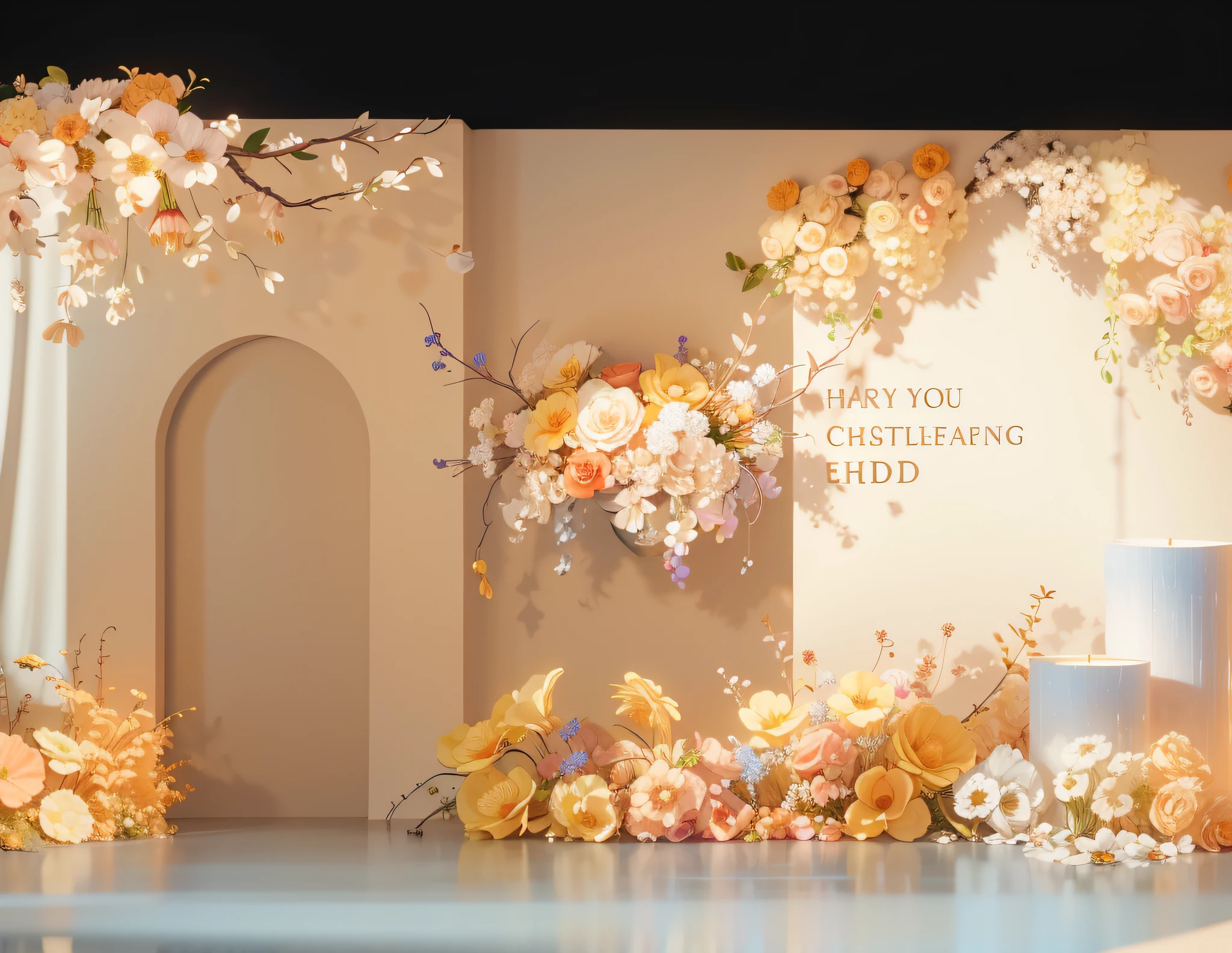 8K level quality，Ultra-clear，Golden，opulent，lamp lights，Wedding renderings，Interior design，3Drenderingof，hyper HD，Lots of small flowers，exquisite lighting and shadows，Detail portrayal，ultraclear，depth of fields， paying homage，Interior design， Ultra photo realsisim， RAW photogr， Sharp focus， Lots of colorful flowers，Wedding banquet hall，Wedding design，tmasterpiece， 8K， tmasterpiece，Ultra photo realsisim，32K，Very detailed CG unity 8K wallpaper，best qualtiy，exquisite lighting and shadows，Detail portrayal，Welcome area，small flower