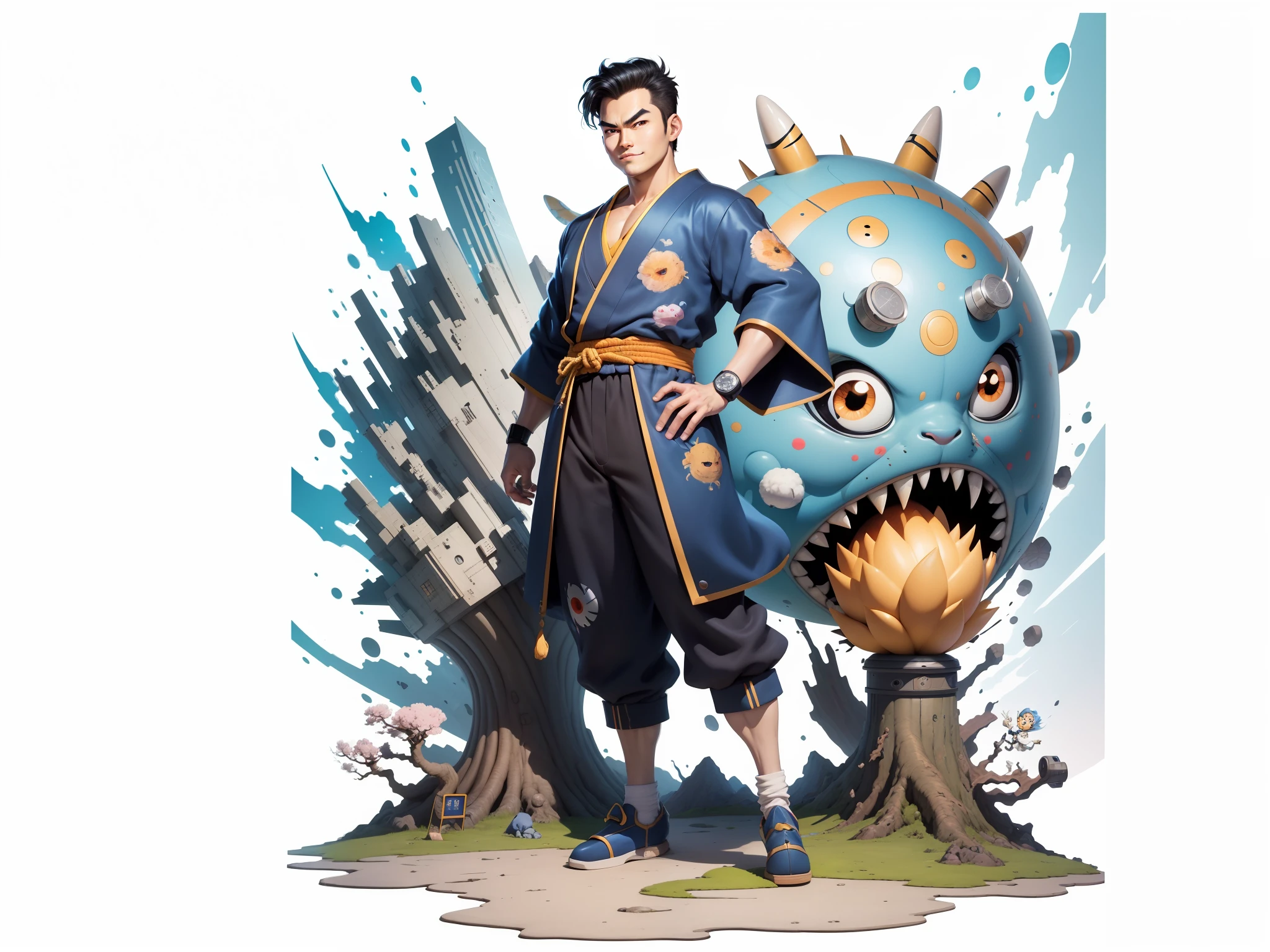 (Masterpiece), (Excellent), (Super Meticulous), (Full Body: 1.2), Super Young Man, Oriental Face, Japanese Kimono, Japanese Wind Thunder God, Dragon, Tiger, TV Anchor, Bust Portrait Illustration, Alone, Black Suit, Blue Tie, Slightly Chubby Face, Very Clean Face, No Beard, Black Super Short Hair, Black Eyes, Confident Smile, 3c Computer Sub-Products, iPad, iPhone, Digital Painting, 3D Character Design by Akira Toriyama and Mark Claireden and Pixar and Hayao Miyazaki, The illustration is a high-definition illustration in 4K resolution with very detailed facial features and cartoon-style visuals.