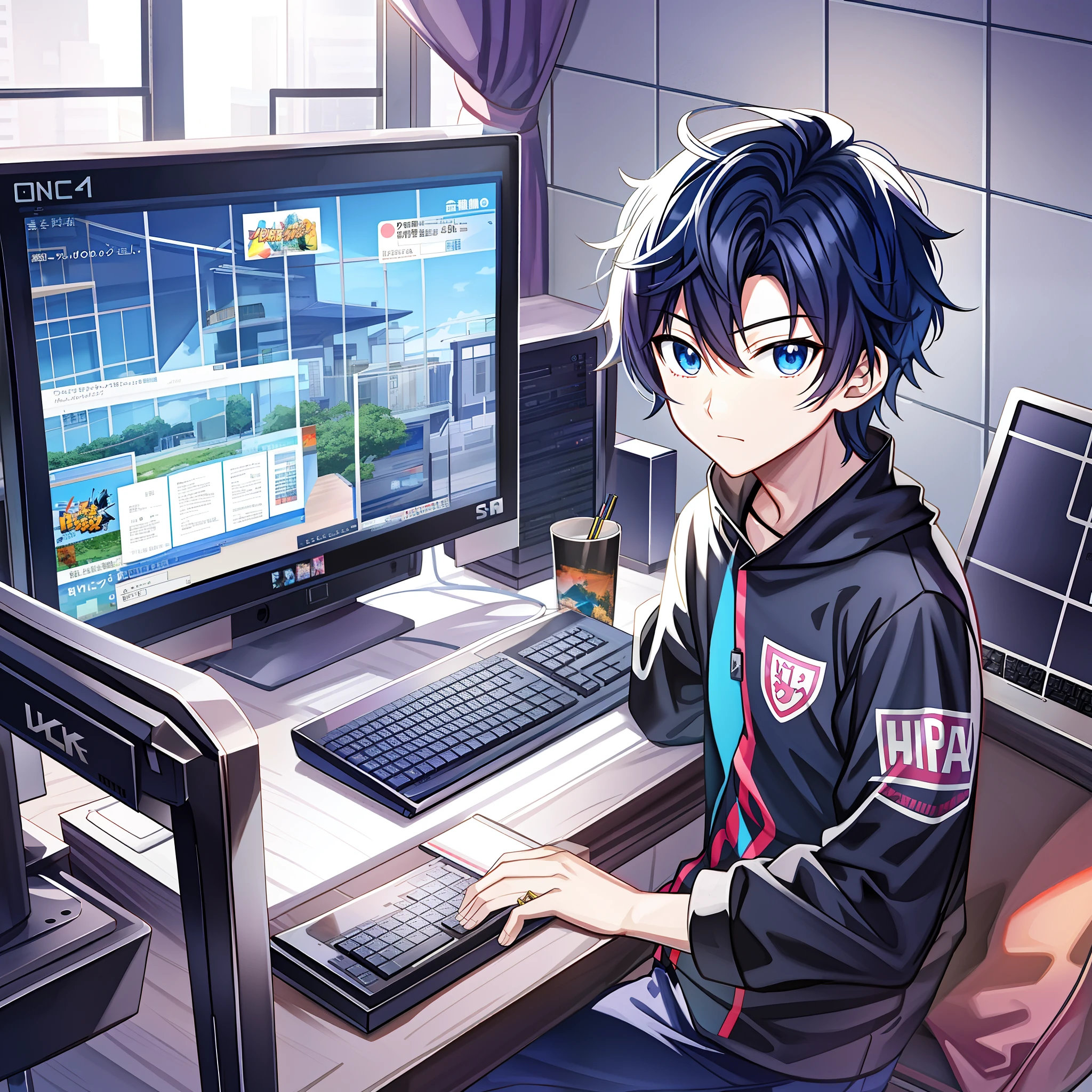 Anime boy sitting at desk,Hold a computer and keyboard, style of anime4 K, anime moe art style, ig studios anime style, High Quality Anime Art Style, Digital anime illustration, Anime art wallpaper 8 K, Anime art wallpaper 4k, Anime art wallpaper 4 K, 4K anime wallpaper, Digital art on Pixiv, Anime wallpaper 4K