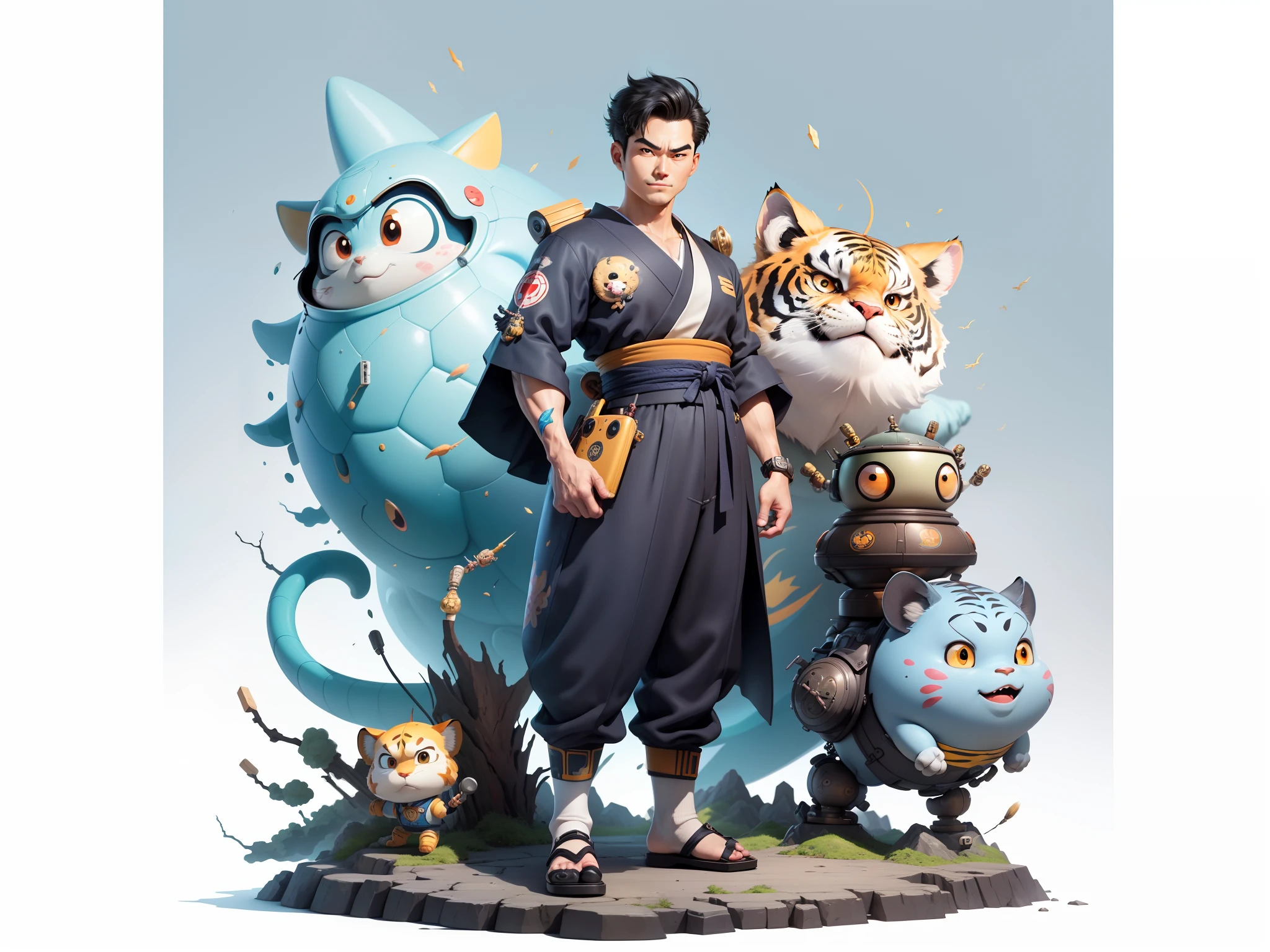 (Masterpiece), (Excellent), (Super Meticulous), (Full Body: 1.2), Super Young Man, Oriental Face, Japanese Kimono, Japanese Wind Thunder God, Dragon, Tiger, TV Anchor, Bust Portrait Illustration, Alone, Black Suit, Blue Tie, Slightly Chubby Face, Very Clean Face, No Beard, Black Super Short Hair, Black Eyes, Confident Smile, 3c Computer Sub-Products, iPad, iPhone, Digital Painting, 3D Character Design by Akira Toriyama and Mark Claireden and Pixar and Hayao Miyazaki, The illustration is a high-definition illustration in 4K resolution with very detailed facial features and cartoon-style visuals.