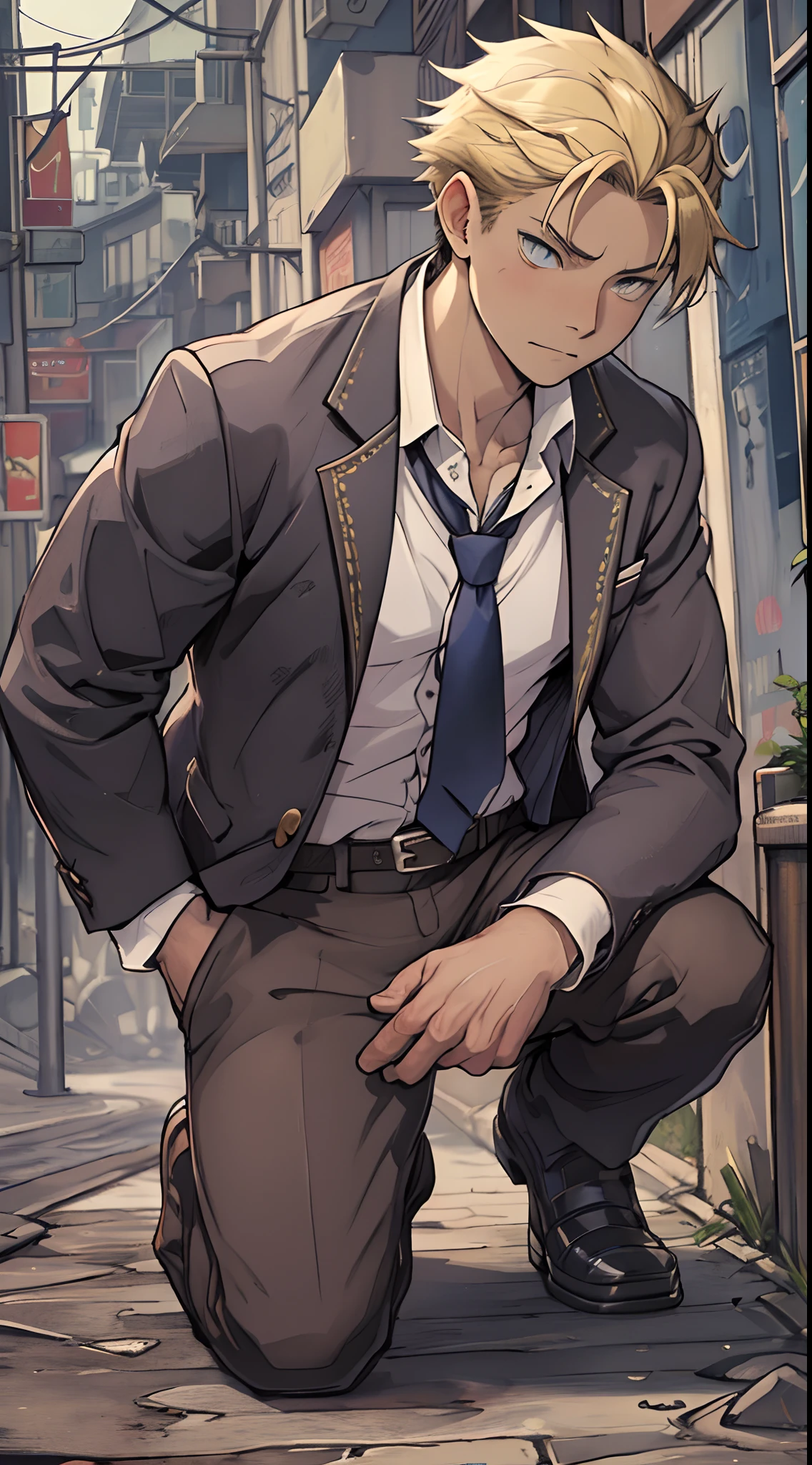 （1 Adult male），A high resolution， Sharp focus， Pixiv masterpiece， （（Complicated details））， highly  detailed， natsuki_subaru， 1 man，Defeat， crestfallen，full bodyesbian，kneels on the ground， （A gesture of pleading），blue color eyes（eyes glowing）， Short yellow hair，white  shirt，Wear a tie，Wear a belt，perspire，look from down