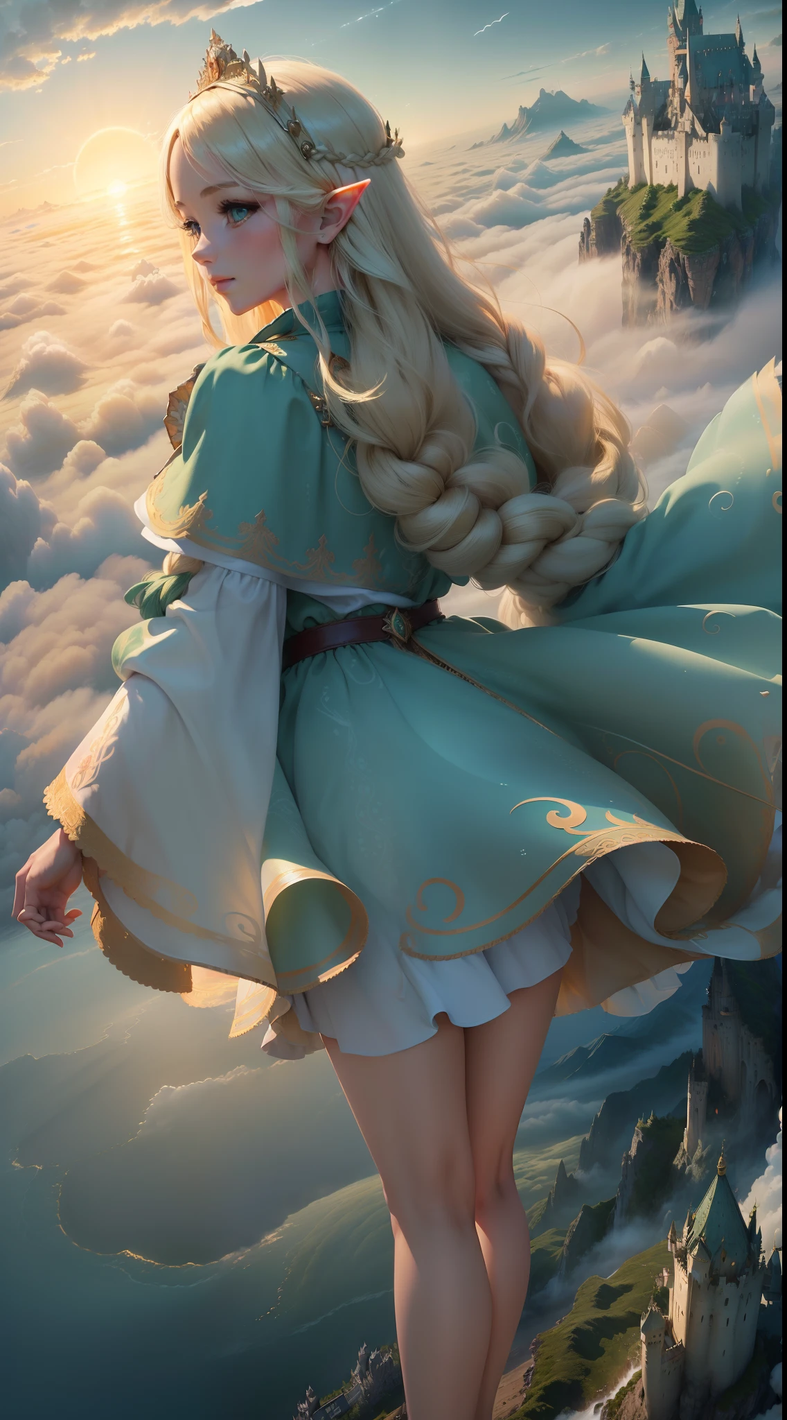 (((Masterpiece, Best Quality, High Definition, High Detail)))), ((Fantasy)), One, (Elf Queen)))), (White Short Skirt with Gold Embroidery), (Blonde Long Braid Hair), (Glossy Dark Green Big Eyes), Long Cloak Thick Large to Hide Mouth, (Green Surcoat with Gold Embroidery), Big, Smile, (High Mountain Peak)))), (((Castle in the Sky) )), (((((Sea of Clouds below)))), (crystal clear sky), (sunrise), breeze, lots of light grains flying, dynamic angle, from behind