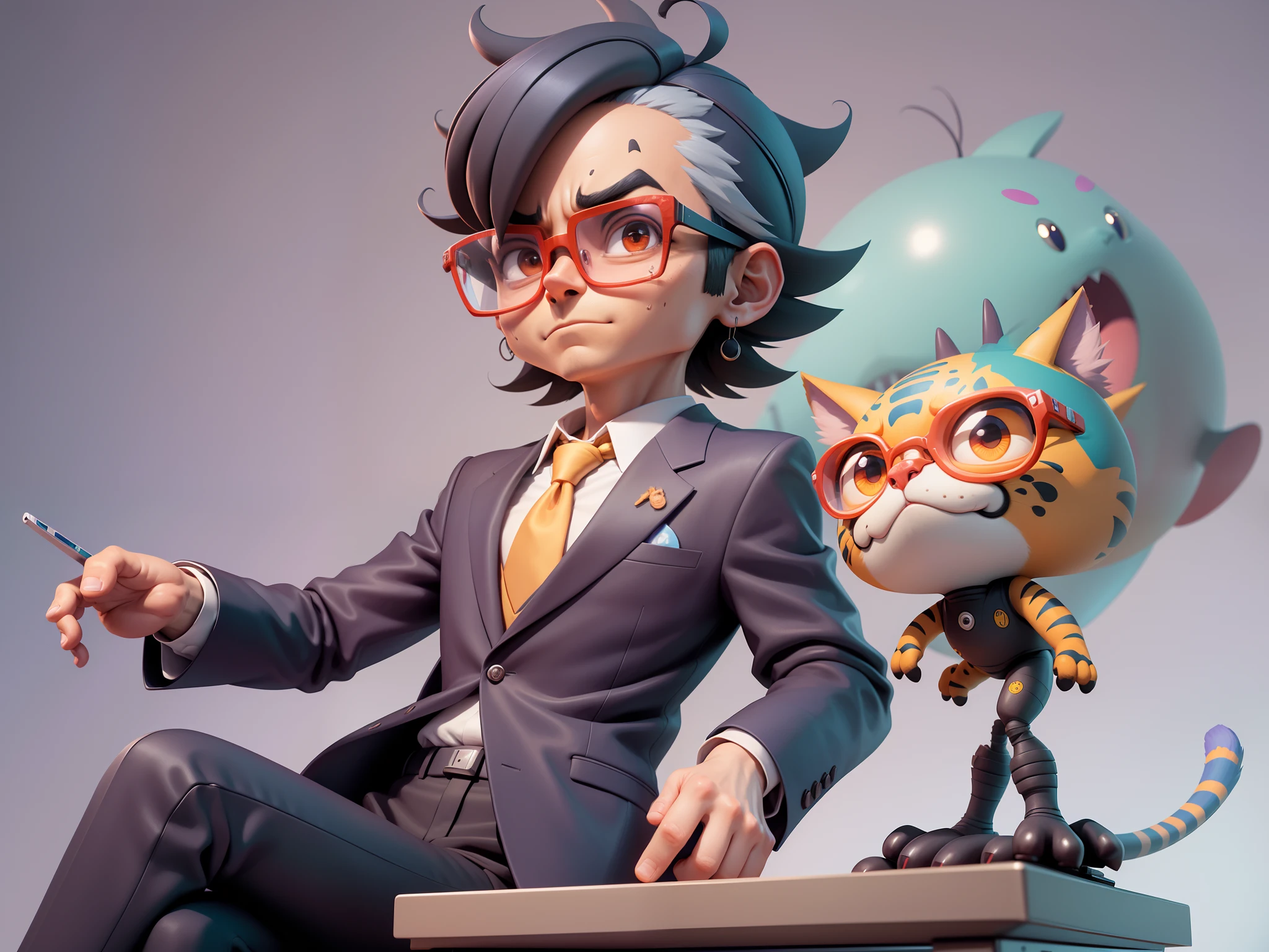 A young man in a suit, Short hair and glasses sat at his desk,holding laptop,digitial painting,tigre,3D character design by Mark Clairen and Pixar and Hayao Miyazaki and Akira Toriyama,4K HD illustration,Very detailed facial features and cartoon-style visuals。