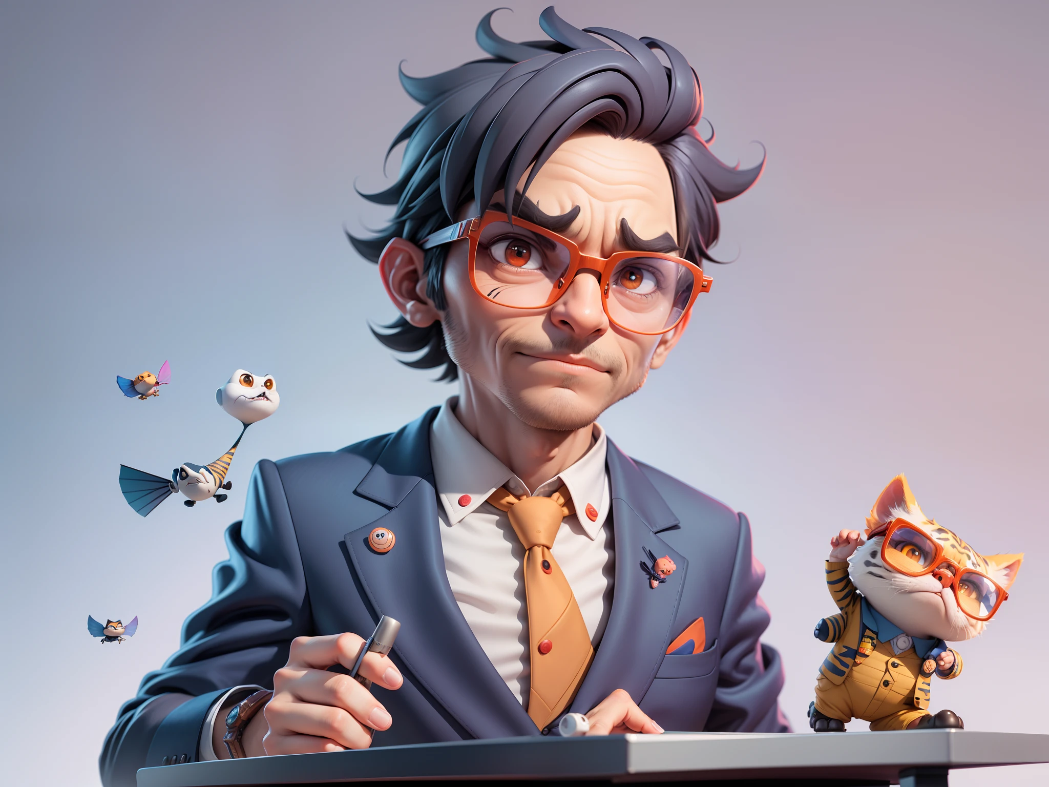 A young man in a suit, Short hair and glasses sat at his desk,holding laptop,digitial painting,tigre,3D character design by Mark Clairen and Pixar and Hayao Miyazaki and Akira Toriyama,4K HD illustration,Very detailed facial features and cartoon-style visuals。