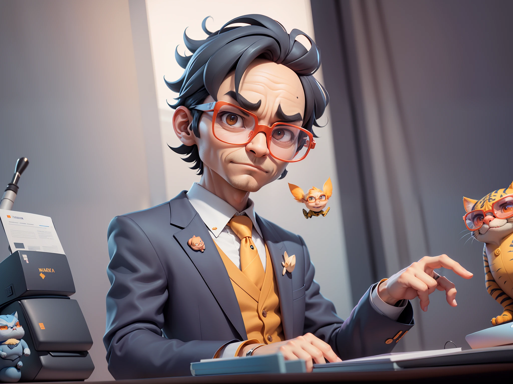 A young man in a suit, Short hair and glasses sat at his desk,holding laptop,digitial painting,tigre,3D character design by Mark Clairen and Pixar and Hayao Miyazaki and Akira Toriyama,4K HD illustration,Very detailed facial features and cartoon-style visuals。