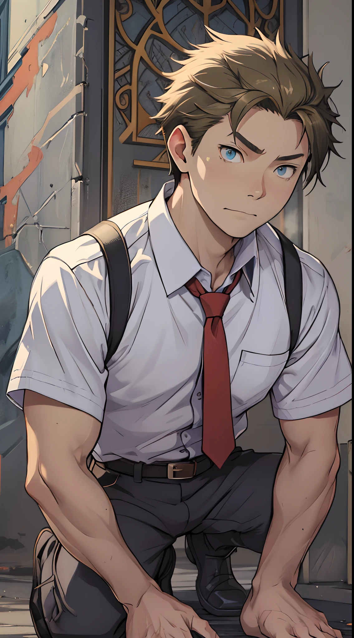 (1 Adult male),A high resolution, Sharp focus, Pixiv masterpiece, ((Complicated details)), highly detailed, natsuki_subaru, 1 man,Defeat, crestfallen,full bodyesbian,kneels on the ground, (A gesture of pleading),blue color eyes(eyes glowing), Short yellow hair,white shirt,Wear a tie,Wear a belt,perspire,look from down