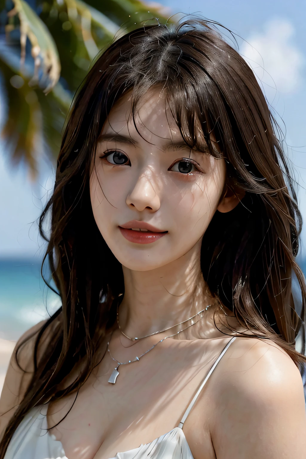 1girl in、20Japan years old、Photorealsitic、beautiful and detailed face、viewer、simple background、独奏、Mare、maikurobikini、Busty breasts、maikurobikini。Sunnyday、summer vacation、the beach、(shorth hair、wet)、a smile、电影灯光、movie、Japan drama、(a necklace)、耳Nipple Ring、masterpiece, top-quality, hightquality, hight resolution、Poses variadas、hyperdetailed face、A detailed eye、More Hair、brown haired、length hair、Beautiful hairstyle、A detailed face、Breast exposure、cleavage of the breast、((Body Portrait))、