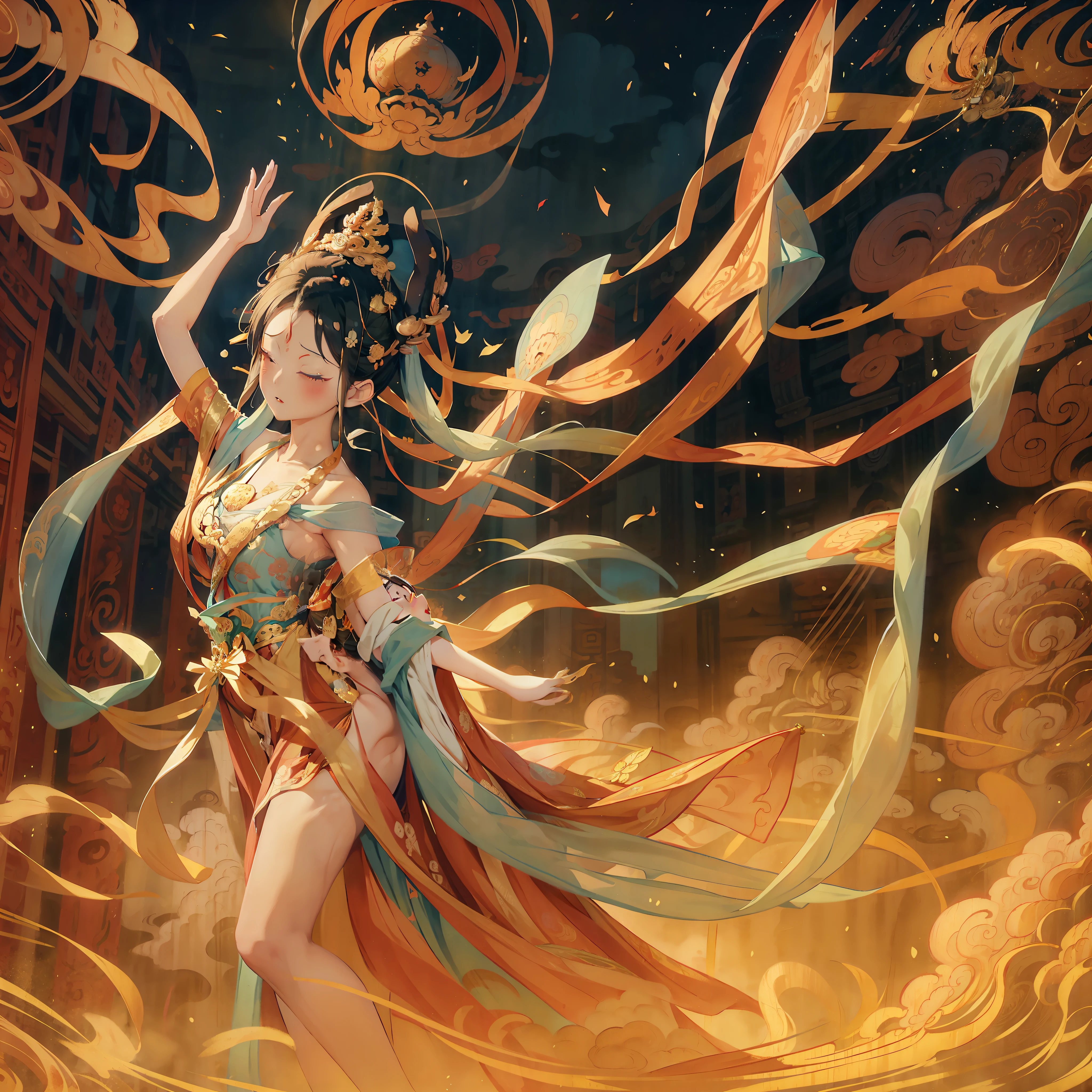 Dunhuang Buddhist mural style, Fly into the sky, Fluttering ribbons and robes, Swirling clouds, The aura of the Buddha, Elegant dance poses, playing pipa, Colorful traditional costumes, Breething ribbon sleeves, Decorative headdress, Serene expression, Mural background, Cave temples, Floating in the air