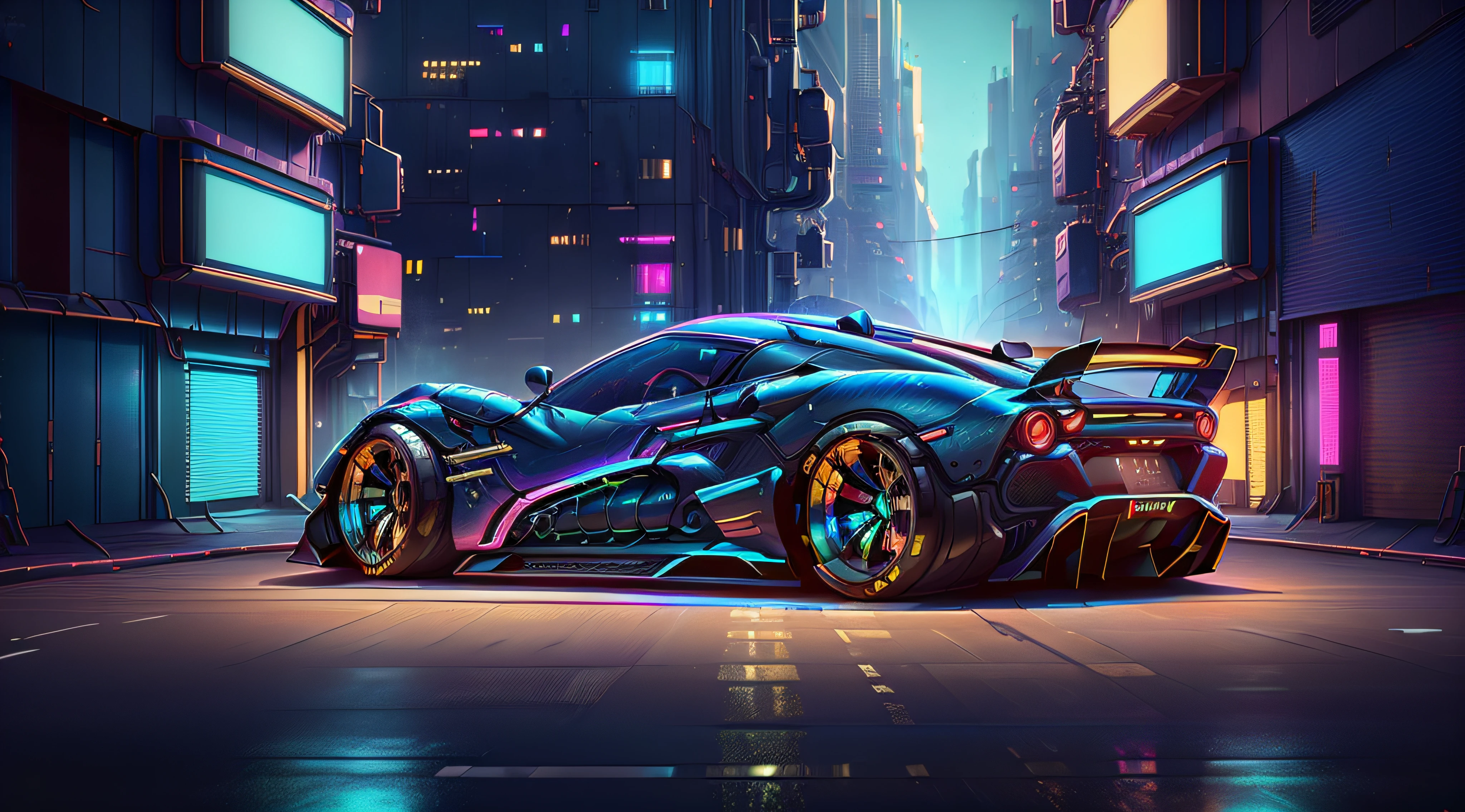 (CyberPunkAI:1.2), (BugattiAI:0.4), (sleek symmetrical futuristic sports car:1.2) with a futuristic weapon mount, (iridescent blue:1.4) paint, (city background, at night:1.4), highly detailed rims, (glowing rims:1.2), (intricate details, golden ratio, masterpiece:1.2), (8k, photorealistic, insane quality, best quality:1.6), extremely detailed, highest detail, highly detailed, incredibly detailed