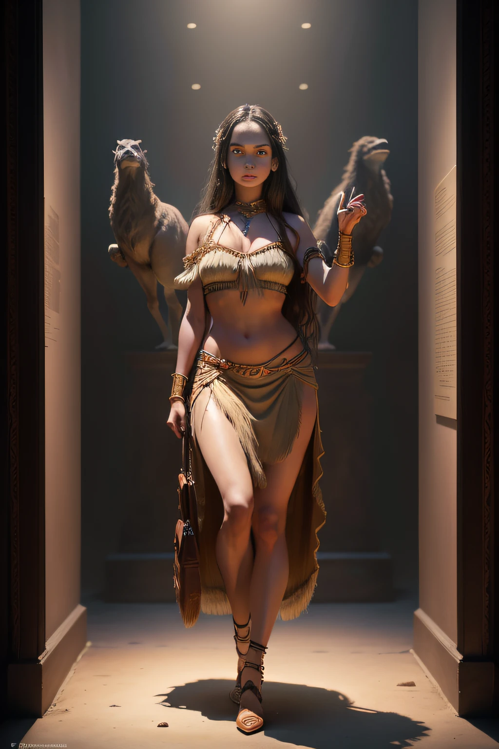 High resolution full body length view picture portrait of a ultra beautiful young woman modeled after Lily-Rose Melody Depp, with a beautiful face, as a cavewoman displayed as animal exhibit in a naturalistic display in a museum, under soft lighting in the style of Bruce Pennington, Frank Frazetta, and Parrell Sweet