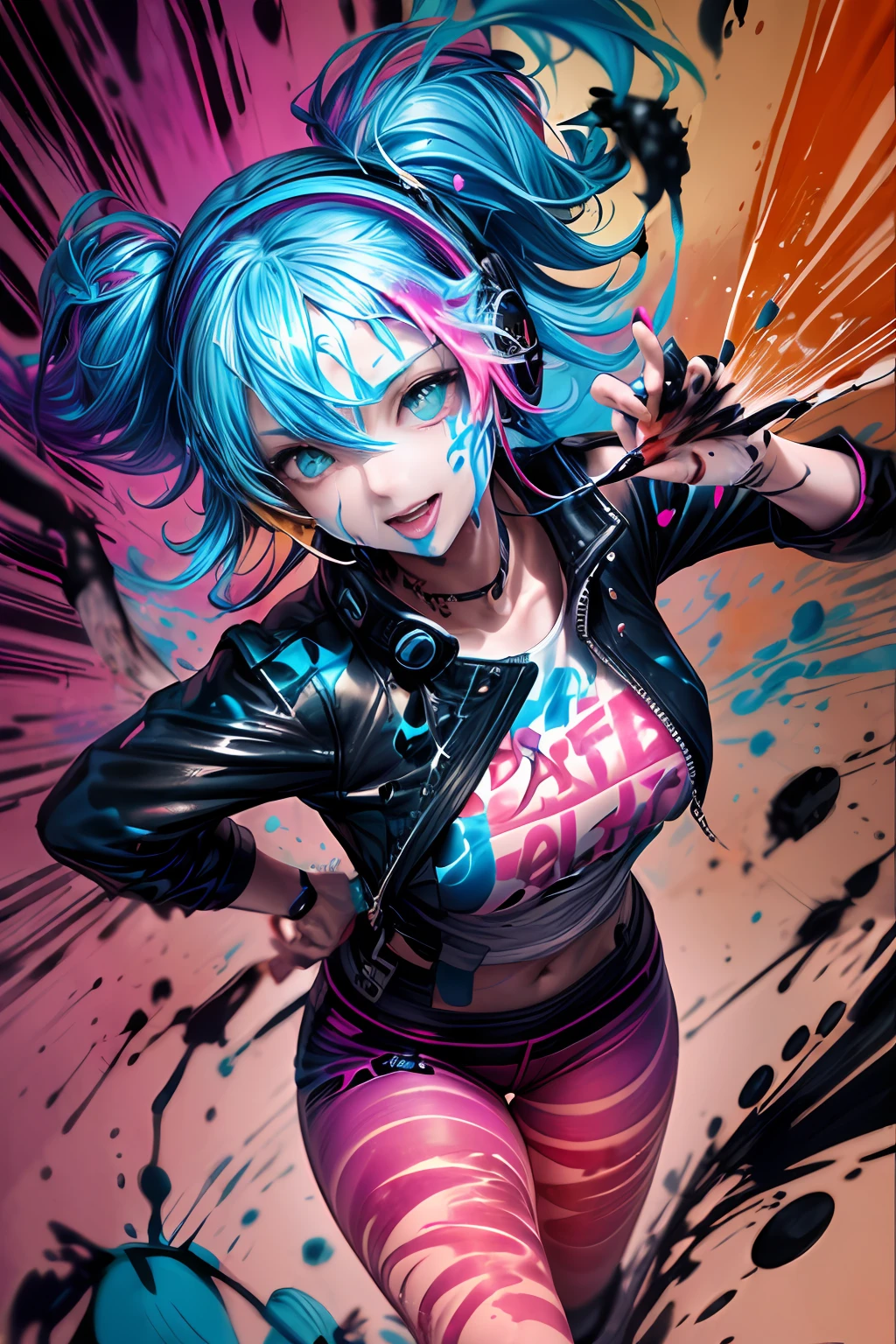(1girl, large headphone, black leather jacket, white t-shirt, black leather pants), action posing, , ((colorful ink splashed:1.8), orange, blue, green, pink, black), simple line, illustrator