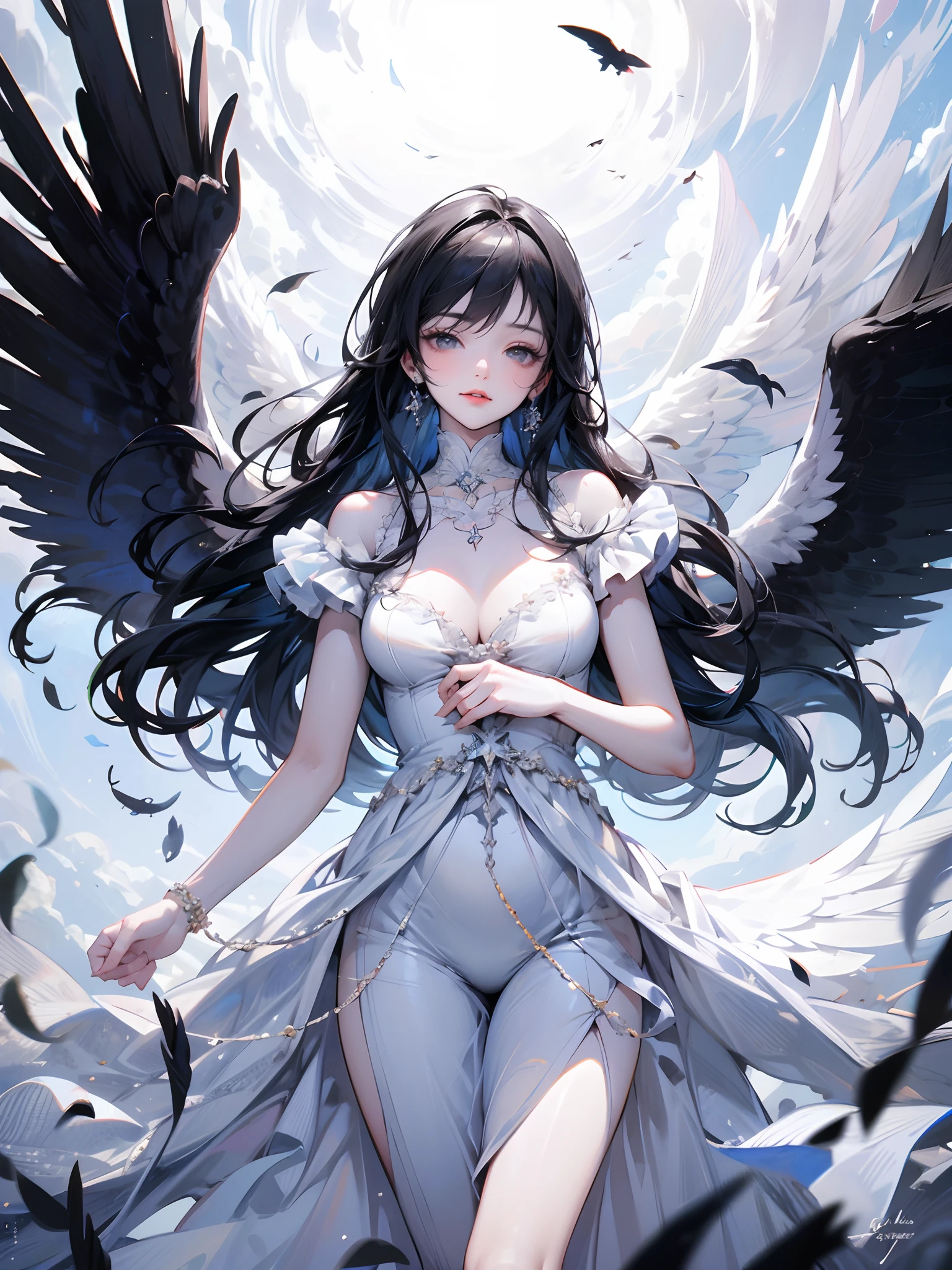 Angels descended from heaven, [Monica Bellucci], [Wings], Long hair, Joyful, Black and white color palette, vogue photography, high resolution, Detailed, Dreamy, The illusion of heaven, Heavenly sky, Depth of field.