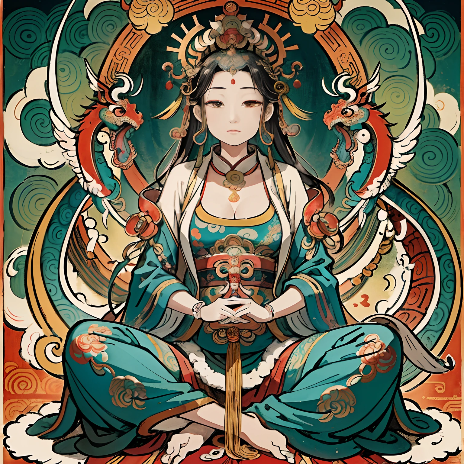 an ancient Chinese goddess, guanyin of the southern seas, Guanyin, Inspired by India, Avalokiteshvara rides a dragon，,Serene expression,shui mo hua,Buddha,Buddhist,Lotus,Chinese painting style,Thangka style