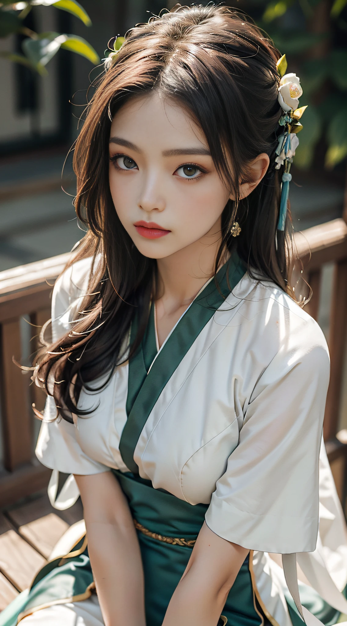 A delicate facial feature、leaning-forward、slim toned body，Girl with long white hair，Wear light green Hanfu，Bust 36F，，Top-down view，Need，Highest image quality，tmasterpiece