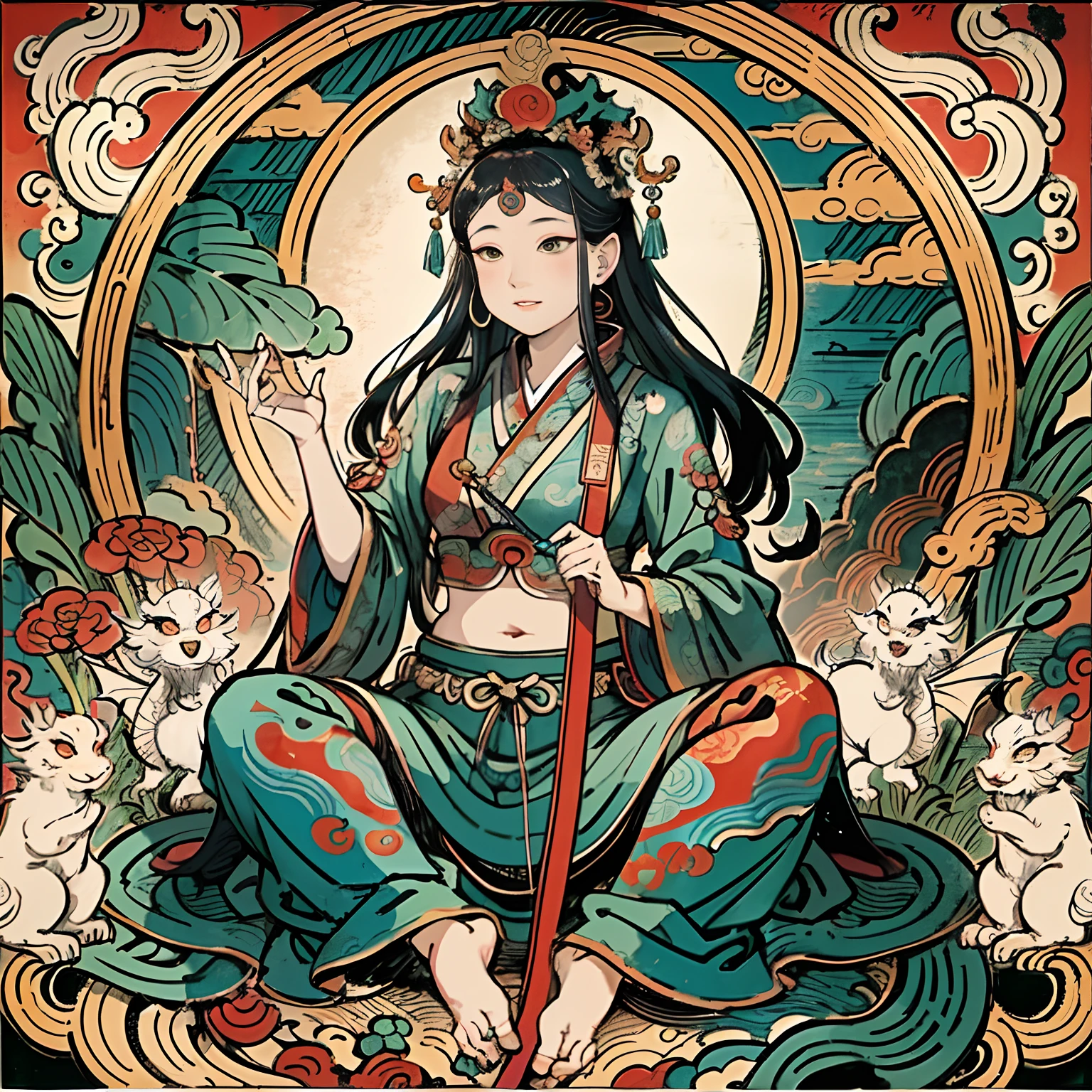 an ancient Chinese goddess, guanyin of the southern seas, Guanyin, Inspired by India, Avalokiteshvara rides a dragon，,Serene expression,shui mo hua,Buddha,Buddhist,Lotus,Chinese painting style,Thangka style