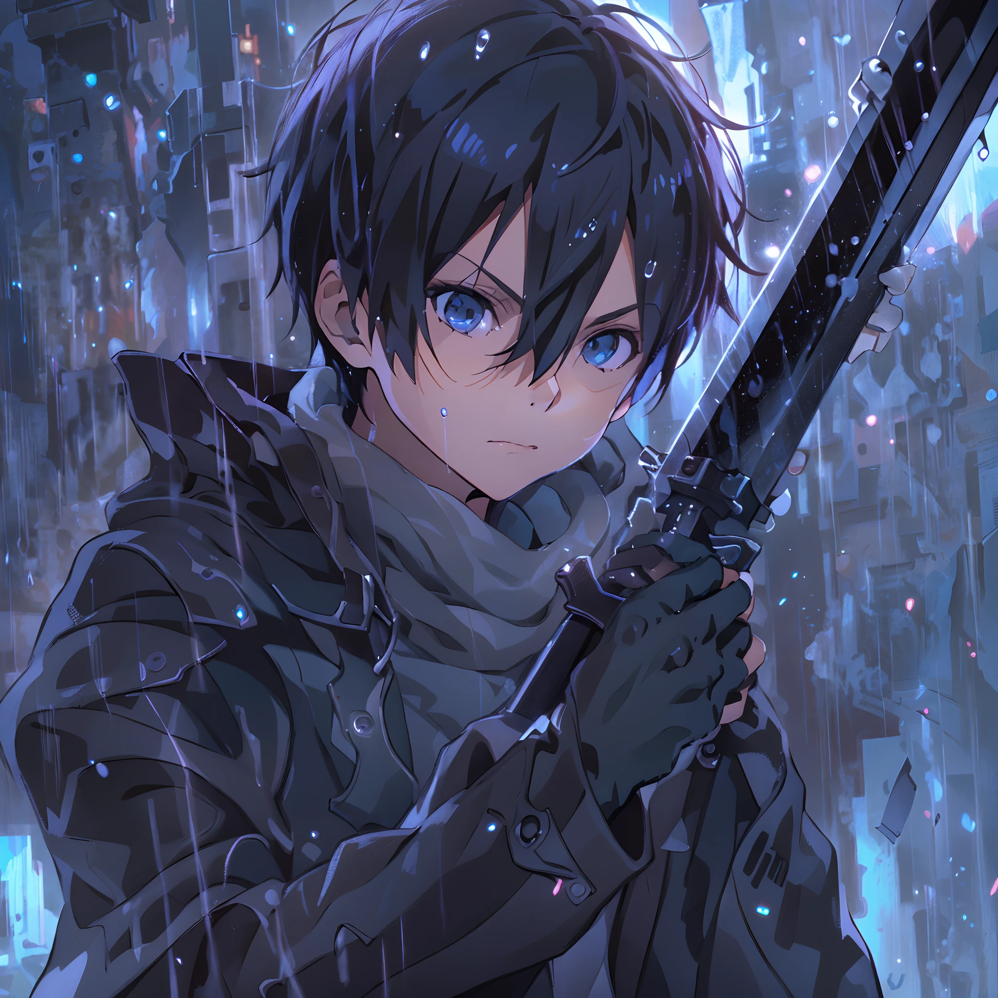 (absurdres, highres, ultra detailed),(Masterpiece, best quality:1.2),Kirito,1boy,solo,holding black and blue swords,dual weilding,black trenchcoat,black short messy hair,sword art online, raining, highest quality digital art, Stunning art, wallpaper 4k, absolutely stunning art,close up shot