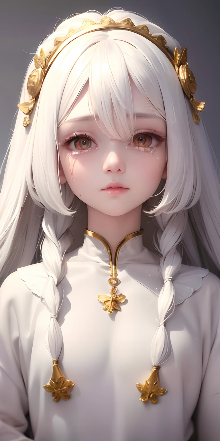 best quality, masterpiece, white hair, halo on top of the head, gold eyes, with tears, white clothes, look up, upper body,hair strand, Fair skin, side braids, butterflies