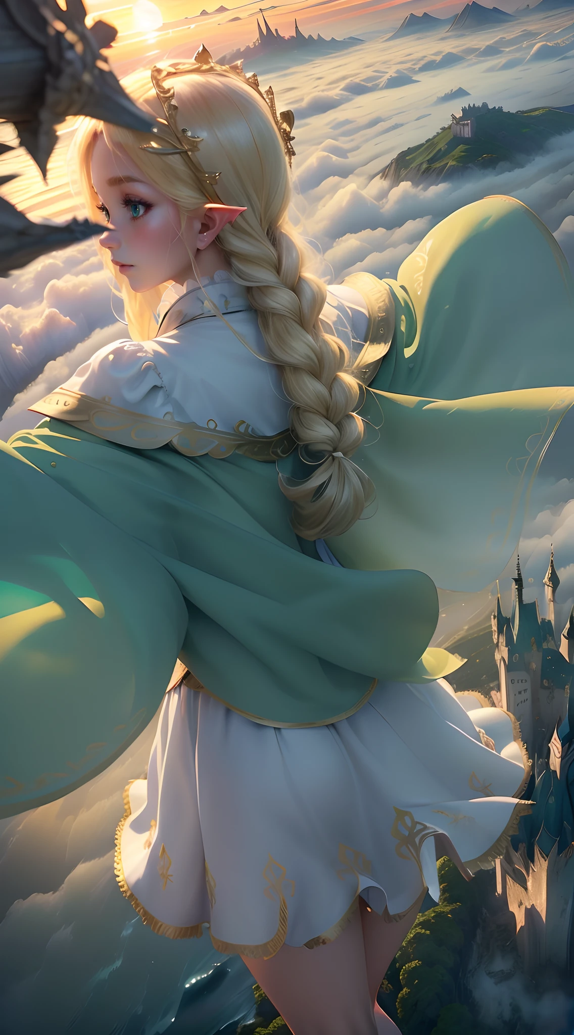 (((Masterpiece, Best Quality, High Definition, High Detail)))), ((Fantasy)), One, (Elf Queen)))), (White Short Skirt with Gold Embroidery), (Blonde Long Braid Hair), (Glossy Dark Green Big Eyes), Long Cloak Thick Large to Hide Mouth, (Green Surcoat with Gold Embroidery), Big, Smile, (High Mountain Peak)))), (((Castle in the Sky) )), (((((Sea of Clouds below)))), (crystal clear sky), (sunrise), breeze, lots of light grains flying, dynamic angle, from behind