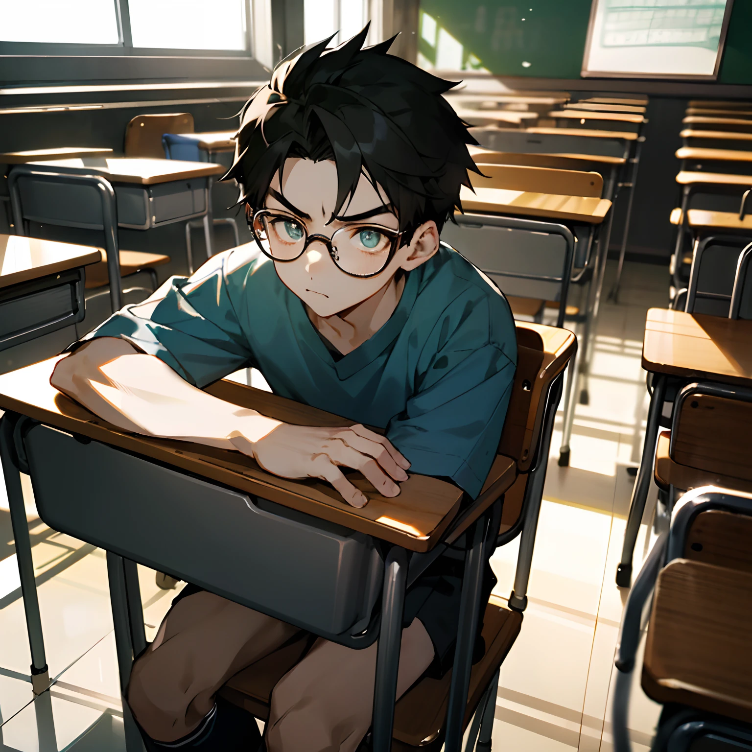 Wearing glasses,The fierce-eyed athletic is a -yeld boit in a chair in the classroom and look ahead。