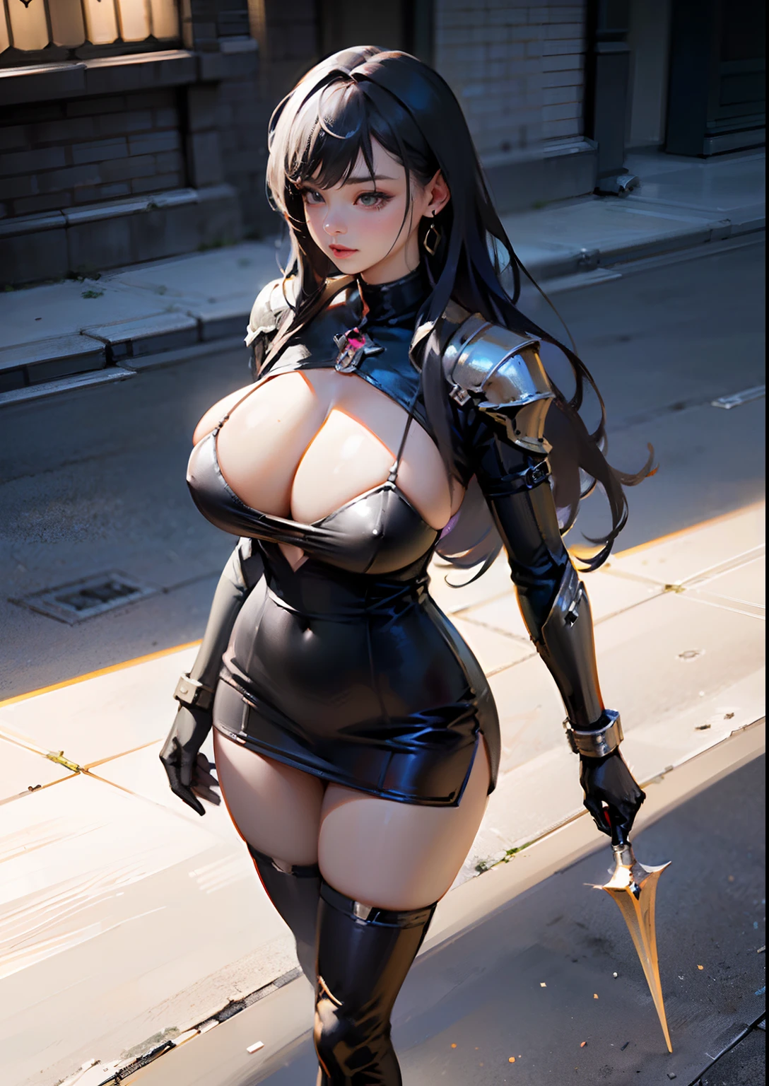 bigger than torso, huge breasts swollen breasts, otherackground, wearing bikini armor, Korean goddess, realistic fantasy rendering, realistic anime girl rendering, vista, (Full body portrait: 1.4), (Big breast: 1.4), (Exaggebody proportions), (Nine-headed body), long black wavy hair, wearing delicate earrings, chest exposed from armor, slender legs, thick thighs, (wearing black over-the-knee transparent stockings), (wearing leather boots), camel toes, standing in fro tavern, octane rendering, (unparalleled masterpiece, ultra-realistic 8k CG, dramatic, ray tracing, HDR:1.2), (best quality), fantastical, atmospheric, extremely detailed, intricate, Ultra detailed, Harsh lighting, (Mirror illumination: 1.4), (Realistic face:1.2), (Skin dents: 1.3), (1 girl:1.4)