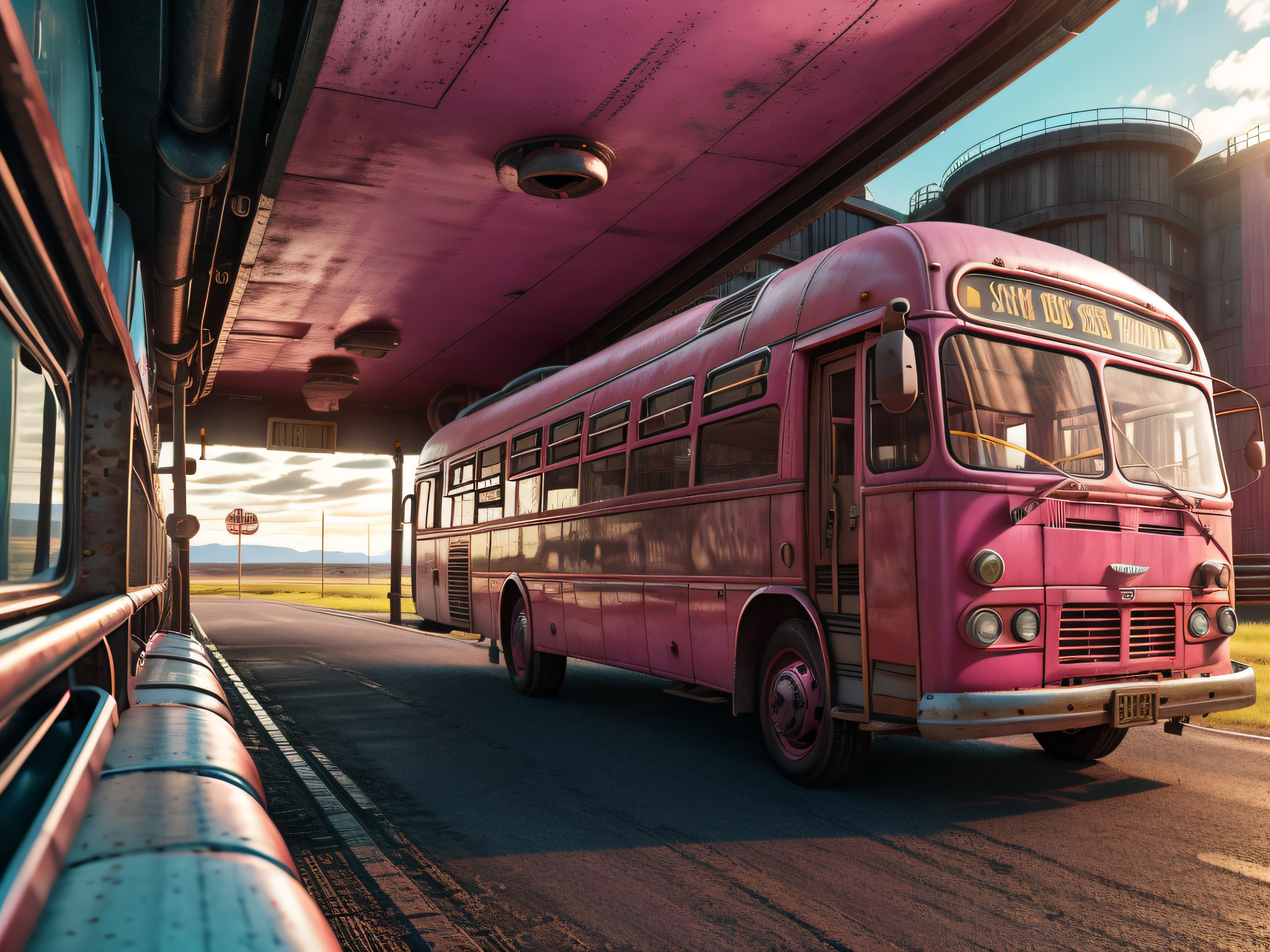 The bus, a vintage 1950s Greyhound, journeys westward along a deserted highway, the windshield flashing a vibrant pink hue. The pink light dances off the sleek metal surface of the bus, creating a mesmerizing play of reflections and shadows. The dented flank of the bus, once adorned in a faded blue enamel, now showcases the wear and tear of countless miles traveled. The image should capture the gritty beauty of the bus, highlighting its vintage charm and rugged history. The lighting should be dramatic, with the pink hues casting a warm and nostalgic glow. The color palette should consist of deep blues, contrasting with the vibrant pinks, creating a visually striking composition. The camera used should be a Nikon D850 DSLR, paired with a wide-angle lens to capture the full majesty of the scene. The shot should be framed from a low angle to emphasize the imposing presence of the bus against the vast expanse of the open road. Parameters: hyper-realism, highly detailed, and high-resolution 16k