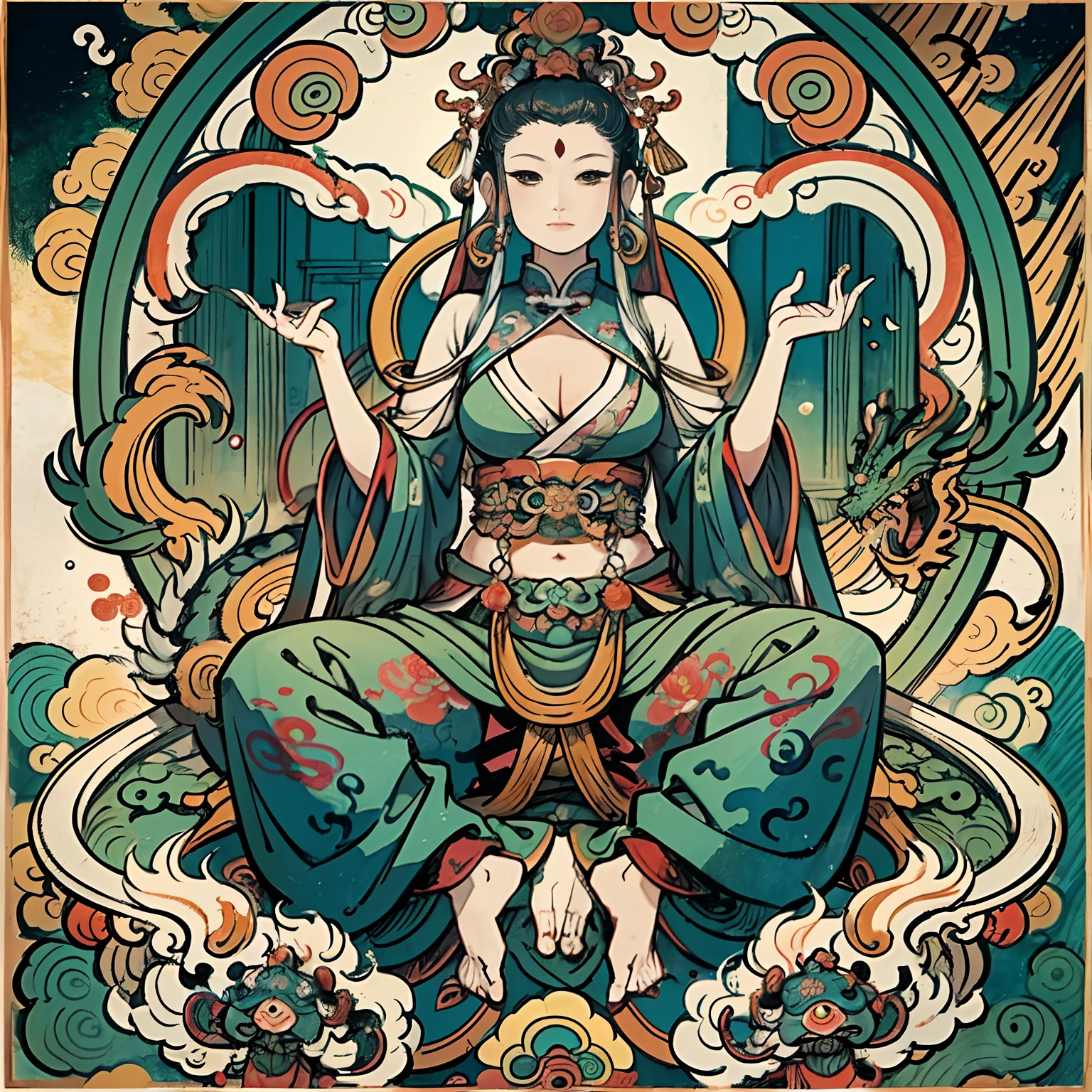 an ancient Chinese goddess, guanyin of the southern seas, Guanyin, Inspired by India, Avalokiteshvara rides a dragon，,Serene expression,shui mo hua,Buddha,Buddhist,Lotus,Chinese painting style,Thangka style