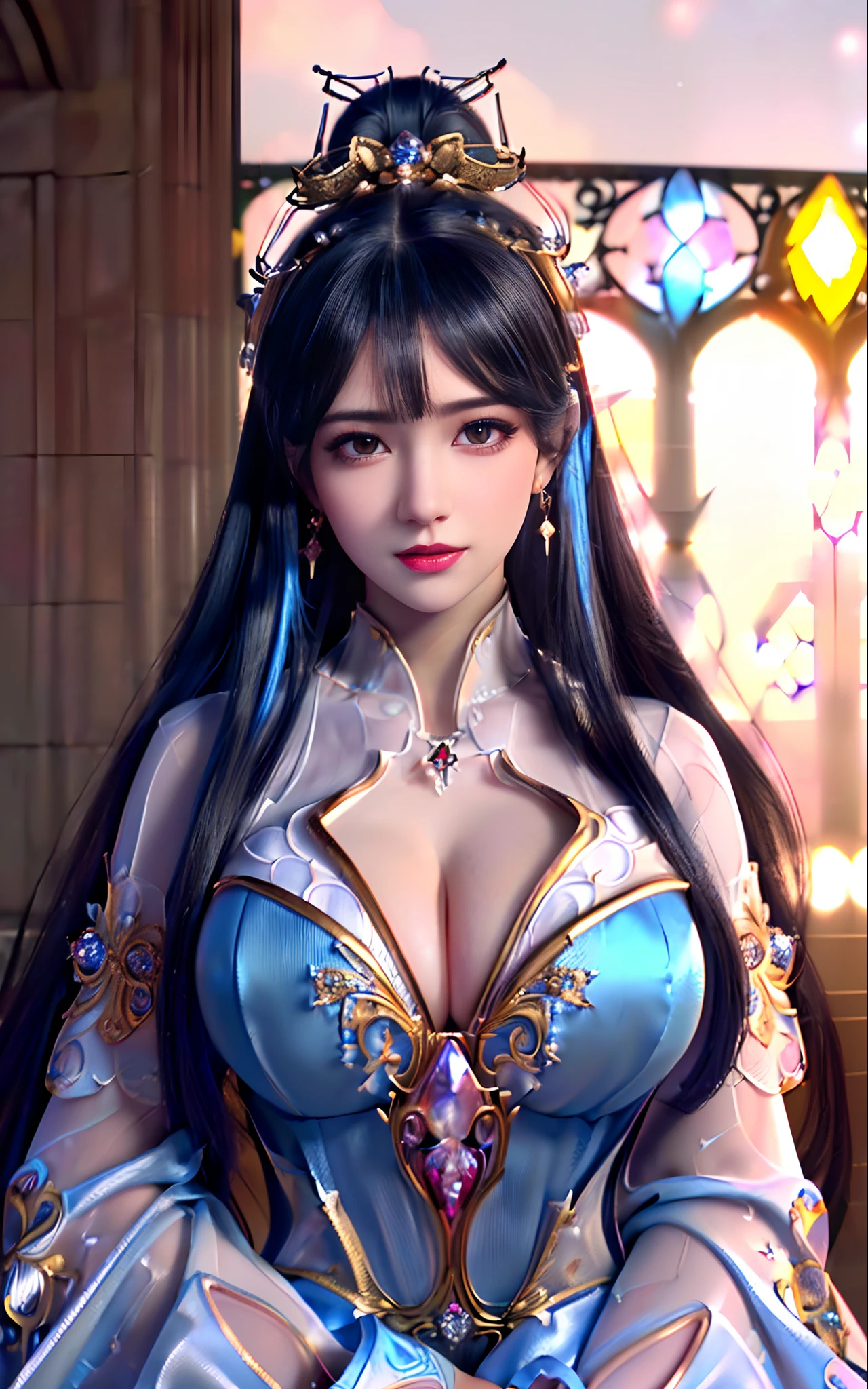 ((realisticity: 1.2)), ((realistic: 8K UHD)), ((best resolution: 8K UHD)), hyper detailed, best quality,masterpiece,highres,cg,
((1 hyper detailed and hyper realistic girl)), ((very beautiful queen dazzling, hyper realistic, and hyper detailed)),((white skin, beautiful, smooth, youthful, hyper realistic and hyper detailed
)), ((Hyper beautiful face, white, hyper realistic and hyper detailed)), long hair, ((hyper realistic and hyper detailed dress)), solo, ((hyper realistic, hyper beautiful, gorgeous and hyper detailed jewelry)), ((hyper beautiful, hyper realistic and hyper detailed dark red and golden yellow dress)),
((Hyper beautiful, hyper realistic, hyper detailed diamond filled earrings)),
((Hyper beautiful, hyper realistic and hyper detailed diamond filled hair ornament)), ((hyper beautiful upper body, hyper beautiful, hyper
realistic and hyper detailed)), ((big breasts: 2.5)),
((Hyper grand, hyper realistic and hyper detailed royal palace backgroun))
((Hyper beautiful, hyper beautiful, hyper realistic and hyper detailed hair bun)), ((hyper beautiful, hyper realistic and hyper detailed blue hair)),
candid, Photograph, high resolution, 8k,Bokeh,