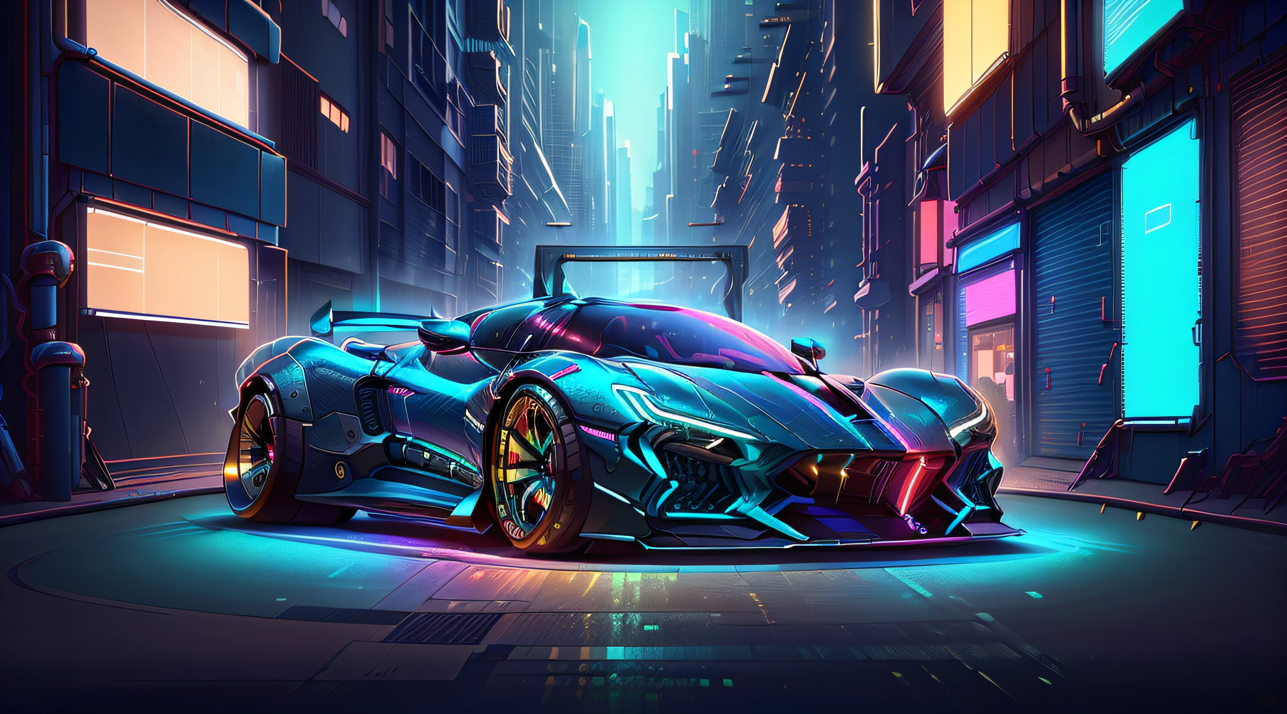 (CyberPunkAI:1.2), (BugattiAI:0.4), (sleek symmetrical futuristic sports car:1.2) with a futuristic weapon mount, (iridescent blue:1.4) paint, (city background, at night:1.4), highly detailed rims, (glowing rims:1.2), (intricate details, golden ratio, masterpiece:1.2), (8k, photorealistic, insane quality, best quality:1.6), extremely detailed, highest detail, highly detailed, incredibly detailed
