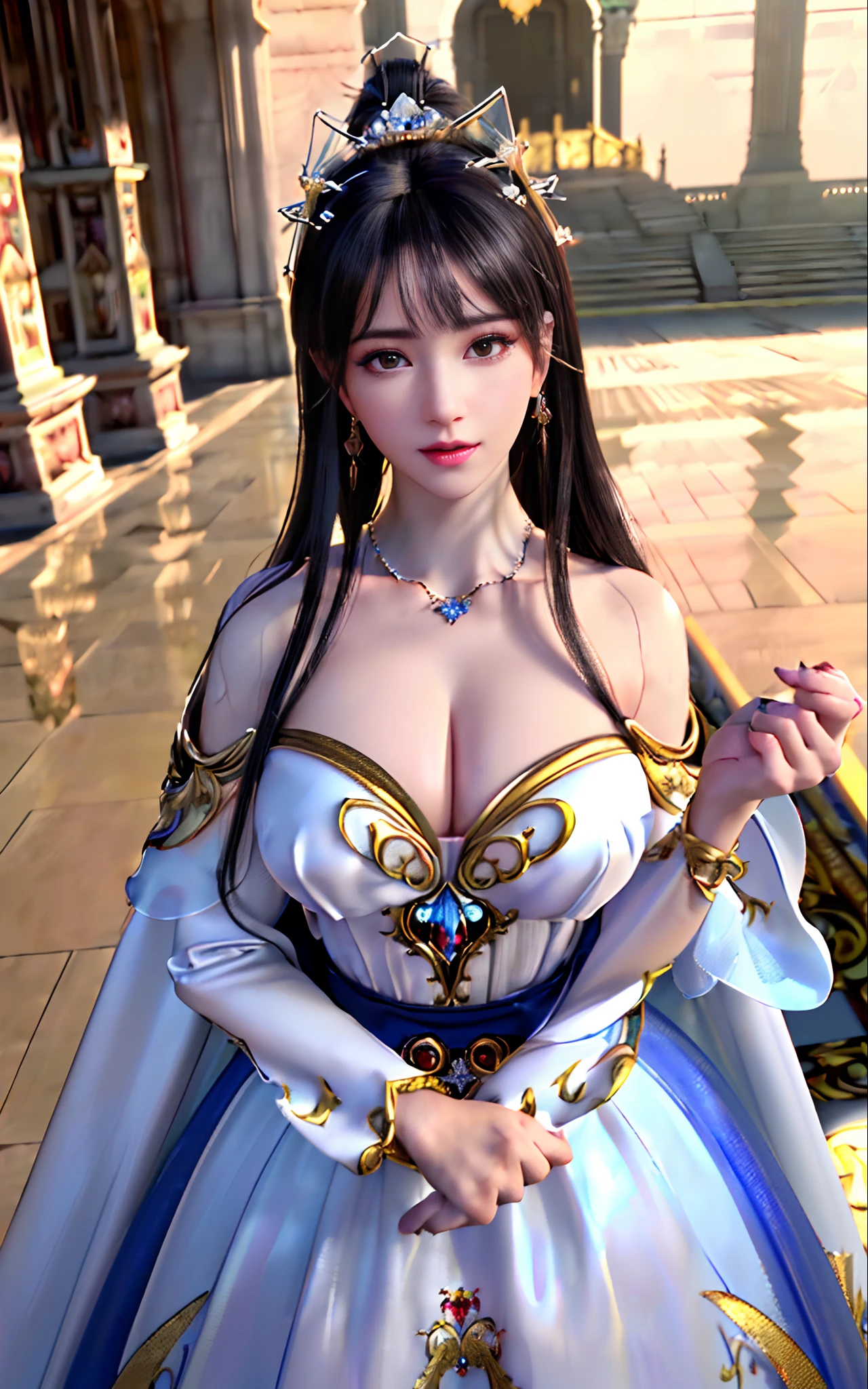 ((realisticity: 1.2)), ((realistic: 8K UHD)), ((best resolution: 8K UHD)), hyper detailed, best quality,masterpiece,highres,cg,
((1 hyper detailed and hyper realistic girl)), ((very beautiful queen dazzling, hyper realistic, and hyper detailed)),((white skin, beautiful, smooth, youthful, hyper realistic and hyper detailed
)), ((Hyper beautiful face, white, hyper realistic and hyper detailed)), long hair, ((hyper realistic and hyper detailed dress)), solo, ((hyper realistic, hyper beautiful, gorgeous and hyper detailed jewelry)), ((hyper beautiful, hyper realistic and hyper detailed dark red and golden yellow dress)),
((Hyper beautiful, hyper realistic, hyper detailed diamond filled earrings)),
  ((Hyper beautiful, hyper realistic and hyper detailed diamond filled hair ornament)), ((hyper beautiful upper body, hyper beautiful, hyper 
 realistic and hyper detailed)), ((big breasts: 2.5)), 
((Hyper grand, hyper realistic and hyper detailed royal palace backgroun))
((Hyper beautiful, hyper beautiful, hyper realistic and hyper detailed hair bun)), ((hyper beautiful, hyper realistic and hyper detailed blue hair)),
candid, Photograph, high resolution, 8k,Bokeh,
