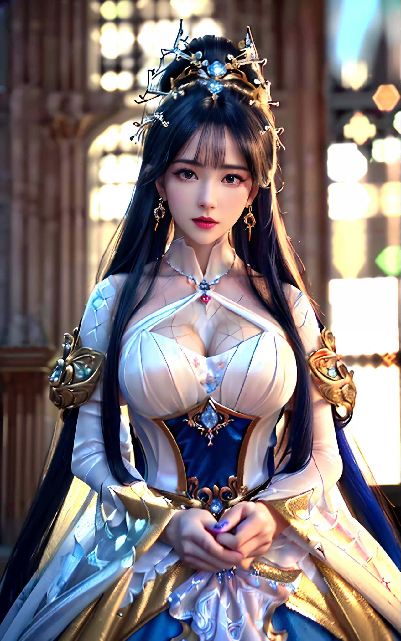 ((realisticity: 1.2)), ((realistic: 8K UHD)), ((best resolution: 8K UHD)), hyper detailed, best quality,masterpiece,highres,cg,
((1 hyper detailed and hyper realistic girl)), ((very beautiful queen dazzling, hyper realistic, and hyper detailed)),((white skin, beautiful, smooth, youthful, hyper realistic and hyper detailed
)), ((Hyper beautiful face, white, hyper realistic and hyper detailed)), long hair, ((hyper realistic and hyper detailed dress)), solo, ((hyper realistic, hyper beautiful, gorgeous and hyper detailed jewelry)), ((hyper beautiful, hyper realistic and hyper detailed dark red and golden yellow dress)),
((Hyper beautiful, hyper realistic, hyper detailed diamond filled earrings)),
  ((Hyper beautiful, hyper realistic and hyper detailed diamond filled hair ornament)), ((hyper beautiful upper body, hyper beautiful, hyper 
 realistic and hyper detailed)), ((big breasts: 2.5)), 
((Hyper grand, hyper realistic and hyper detailed royal palace backgroun))
((Hyper beautiful, hyper beautiful, hyper realistic and hyper detailed hair bun)), ((hyper beautiful, hyper realistic and hyper detailed blue hair)),
candid, Photograph, high resolution, 8k,Bokeh,