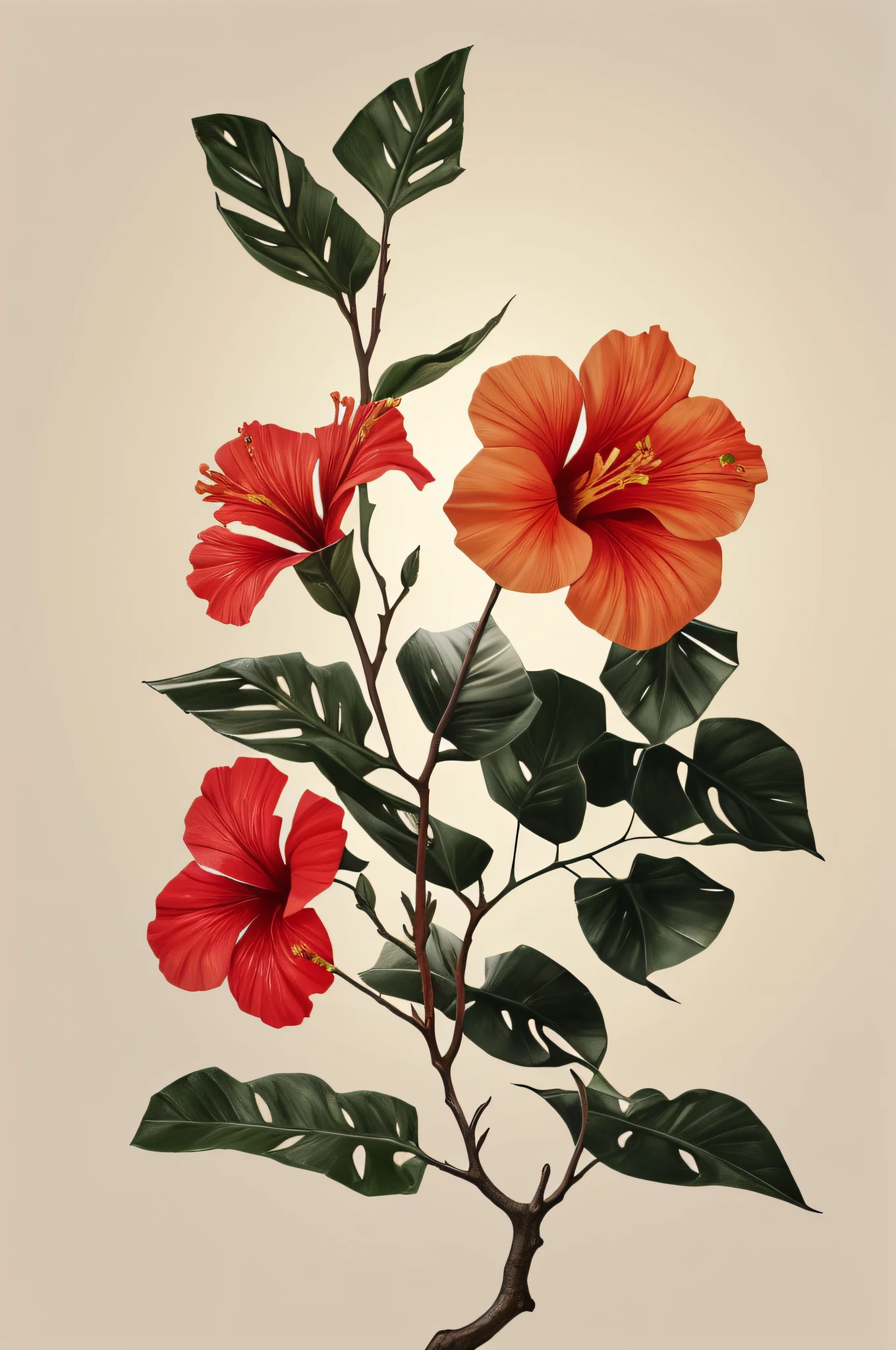 hibiscus flower blooming on a gnarled branch against a grey background, simple background, in the style of light orange and light beige, minimalist images, photography installations, paleocore, green and crimson, hyper-realistic, poetic intimacy