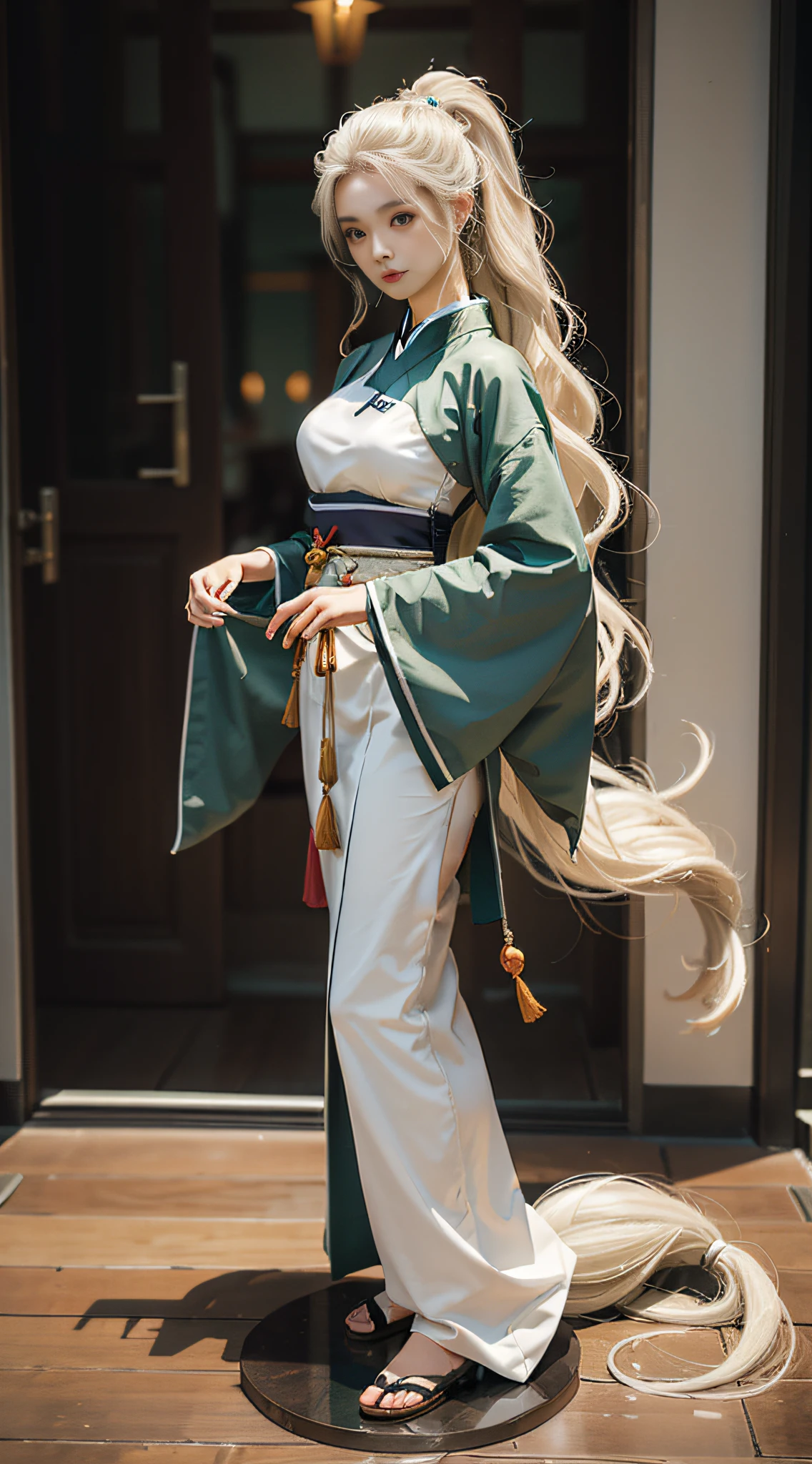 A slim figure,Girl with long white hair with a convex front and back,Wear light green Hanfu,Bust 36F,Stand leaning forward,Look into perspective,Need,Highest image quality,tmasterpiece