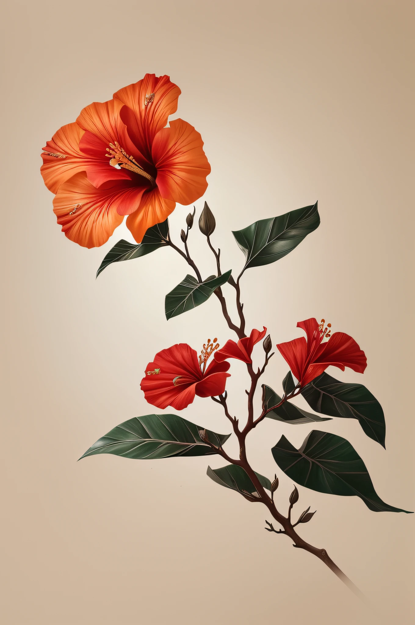 hibiscus flower blooming on a gnarled branch against a grey background, simple background, in the style of light orange and light beige, minimalist images, photography installations, paleocore, green and crimson, hyper-realistic, poetic intimacy