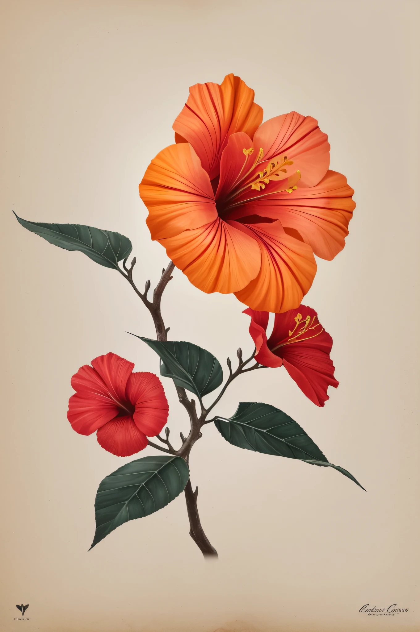 hibiscus flower blooming on a gnarled branch against a grey background, simple background, in the style of light orange and light beige, minimalist images, photography installations, paleocore, green and crimson, hyper-realistic, poetic intimacy