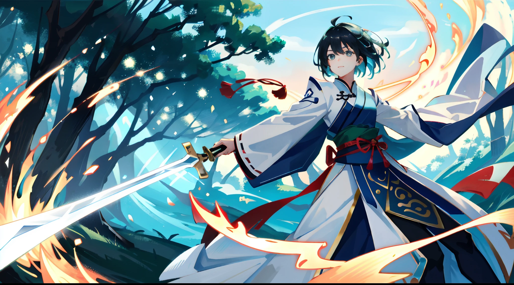 Chinese female swordsman,Wearing white Hanfu,Ancient Chinese Cold Weapon Sword 1.4,With your feet on the glowing sword, you levitate over the forest,Green forest background,Swirling cyan glow,Essence Immortal 1.5,Tyndall effect,Glow effect,Estilo de Makoto Shinkai,Optoelectronic style,Meticulous brushstrokes,Realistic pop music,New School Beast,Knolling,8K,Golden Tornado、Neatly arranged,Fantastic landscape, The light of the knife around the character