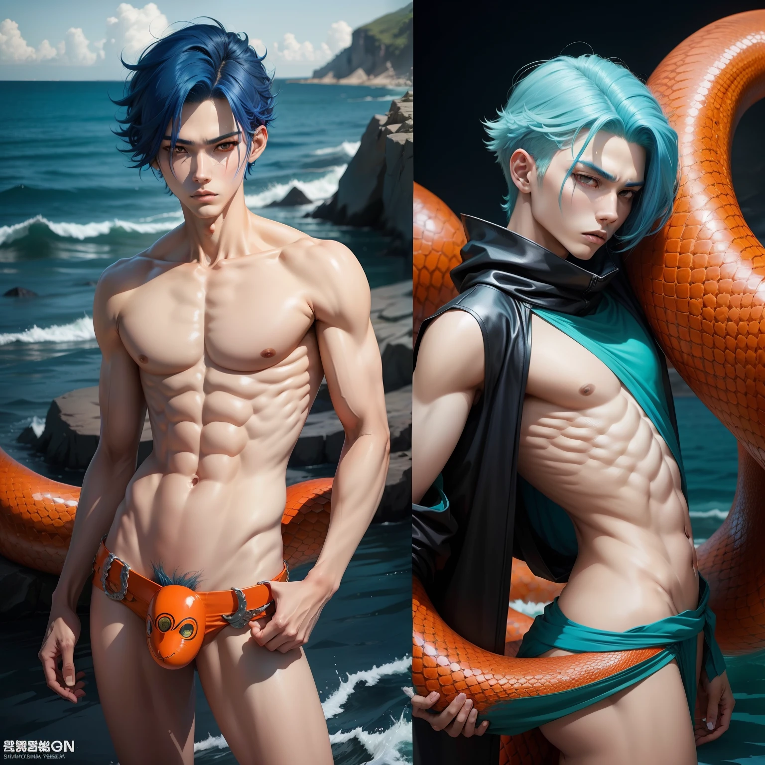 Manhwa Style,Medusa,Slim age boy,1..8m,Ocean blue hair,Orange-red snake tail,cool guy,Naked upper body