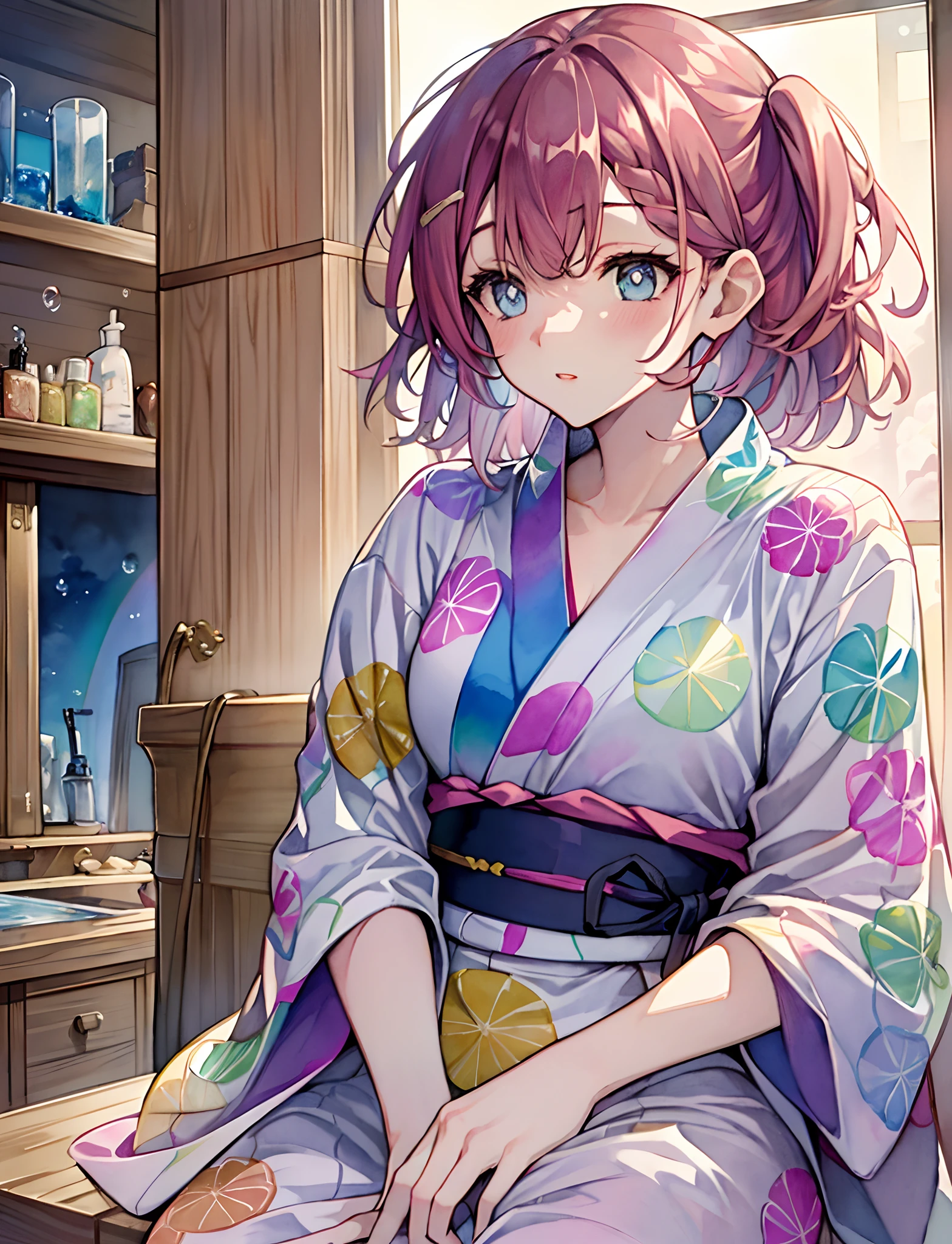Yumekawa, dreamy cute, pale, moya, (masterpiece, highest quality, best quality, watercolor (medium), upper body, kiss, lesbian, yukata, pattern, break, (rainbow hair: 1.2), break, soap bubble, rainbow behind, cloud, colorful, soap bubble, spread throughout, cute, pastel, cute room, sweets, fluffy