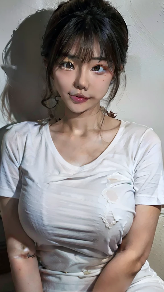 A Chinese woman on background wall, fluffy hair, delicate face, bright, real girl, large aperture, wearing white t-shirt dress, macro shot, plump, slightly fat, very plump, sexy, looking at you, good looking eyes