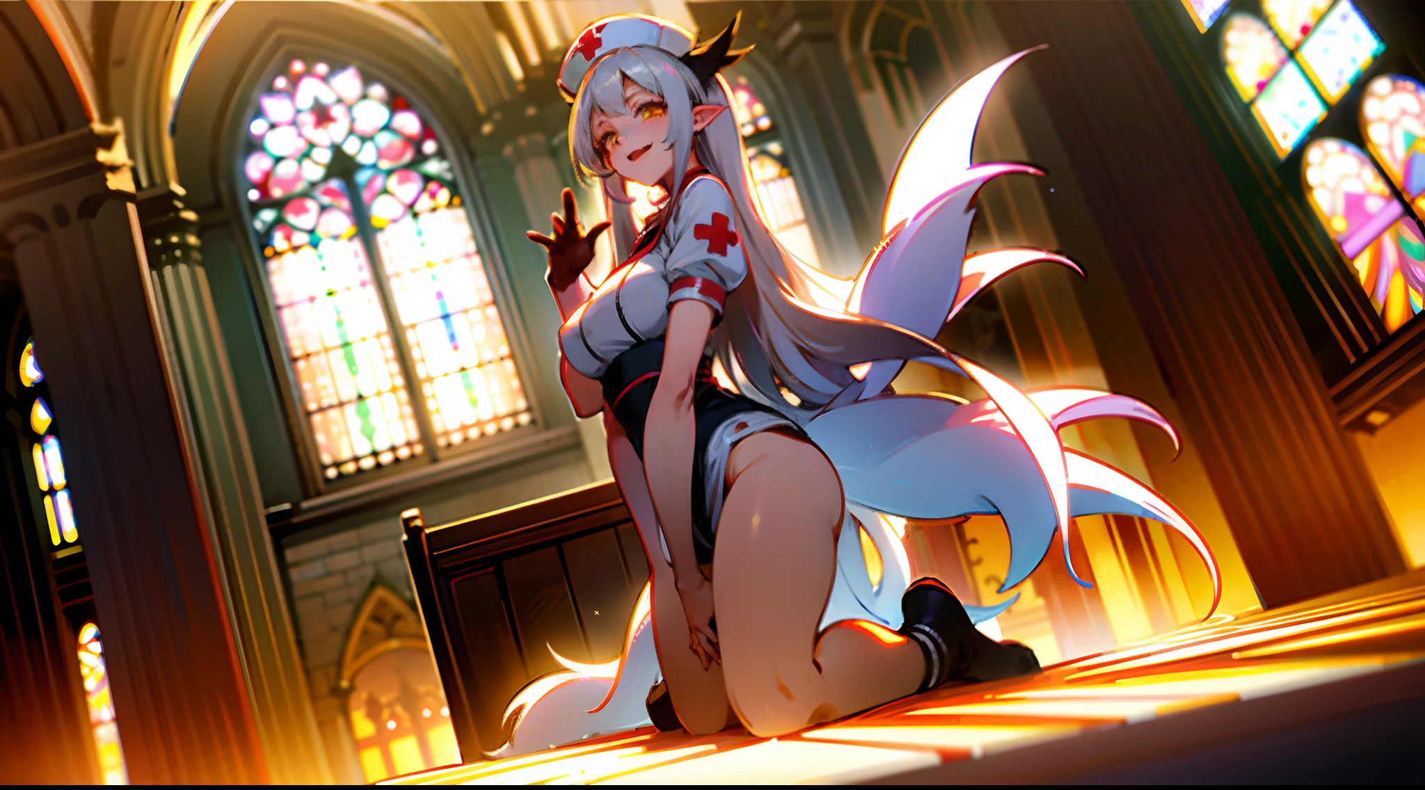 inside a church,Silver hair, nurse hat, Tongue out, long and pointed ears, double tails, Amber eyes, Glowing light, shadowing, god light, tachi-e, in a panoramic view, anime big breast, romanticism lain, futurism, hyper HD, 8K, Masterpiece