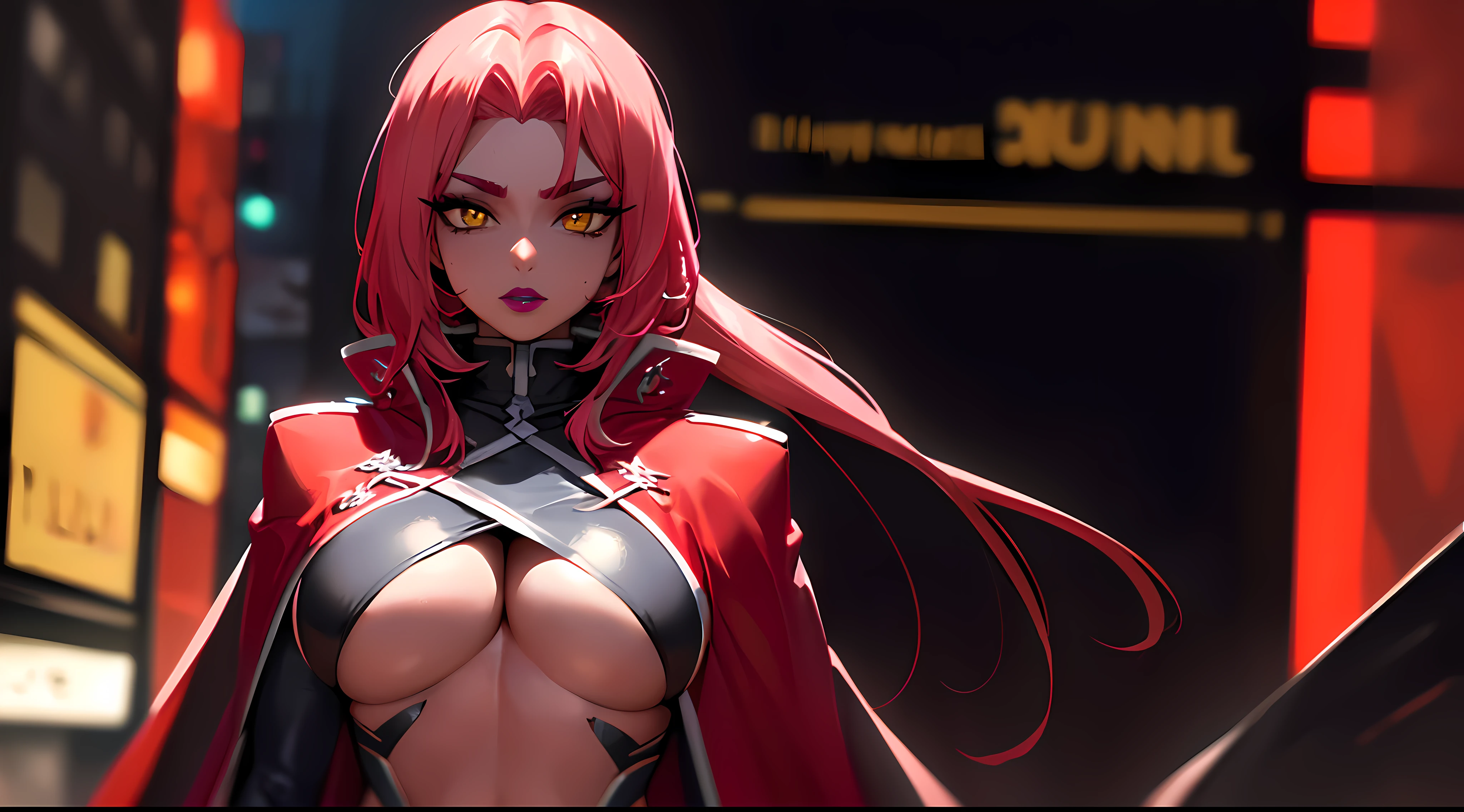 (highres, high quality:1.2), intricate details, cinematic lighting, sharp focus, depth of field, Ingrid, 1girl, mature female, (dark-skinned female:1.1), dark skin, ((upper body, half body shot:1.3)), (looking at viewer, sunny beach, determined, pink red hair, very long hair, hair intakes, makeup, lipstick, (mole under mouth:0.8), eyelashes, yellow eyes, detailed face, helloutfit, red cape, black (turtleneck:1.1), (underboob:1.1), black elbow gloves, (coattails:1.1), revealing clothes, center opening, (multicolored clothes:1.1) midriff, natural large breasts,