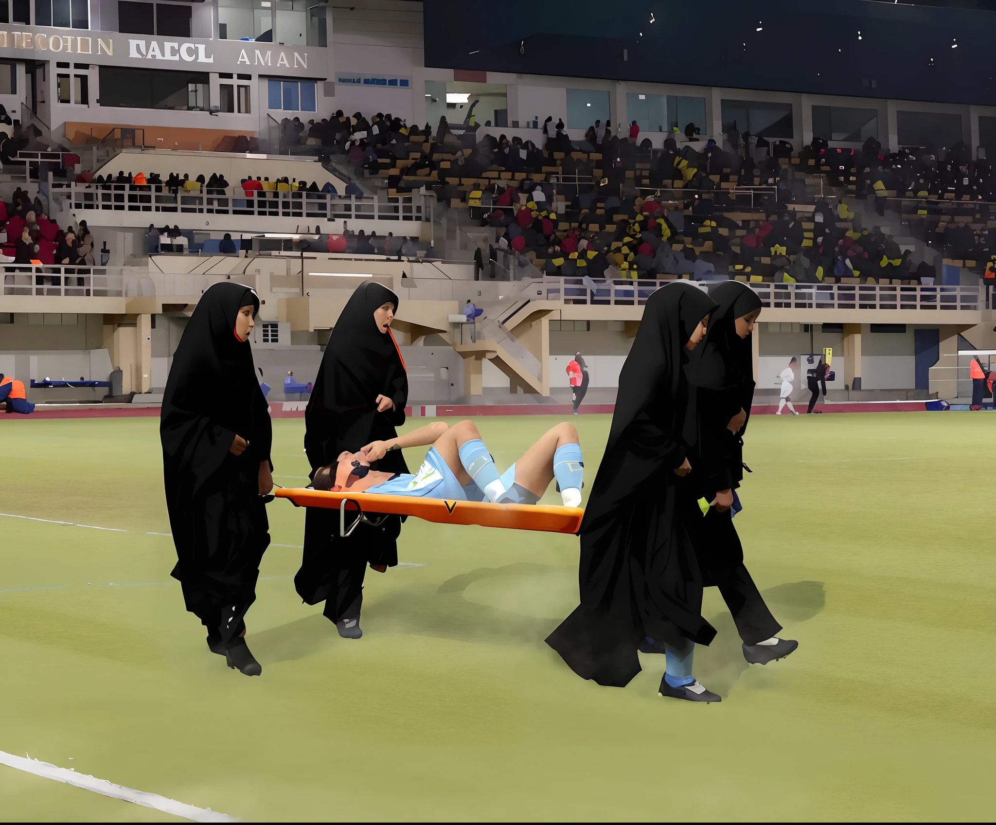 a soccer scene in a sports stadium, cool and wet weather conditions, humide ground, rainy sky, injury scene in a sports stadium, stretcher carry, there are four female medics carrying a stretcher, there are four female medics in very shiny coats who are carrying a stretcher in a sports stadium, there is a wounded male soccer player in a matte short cotton sports outfit lying on the stretcher, an injured male soccer player in matte cotton sportswear is lying in pain on a stretcher, a soccer player in matte cotton sports clothes is rearing up in intense pain while lying on a stretcher, dramatic scene, theatralic posing scene, dramatic pity scene, injury soccer, first aid, help, pity, there are four female medics in wetlook high-shine coats who are looking very sad and very terrified and very shocked, the injured soccer player is screaming out in pain while he is carried from the pitch on a stretcher