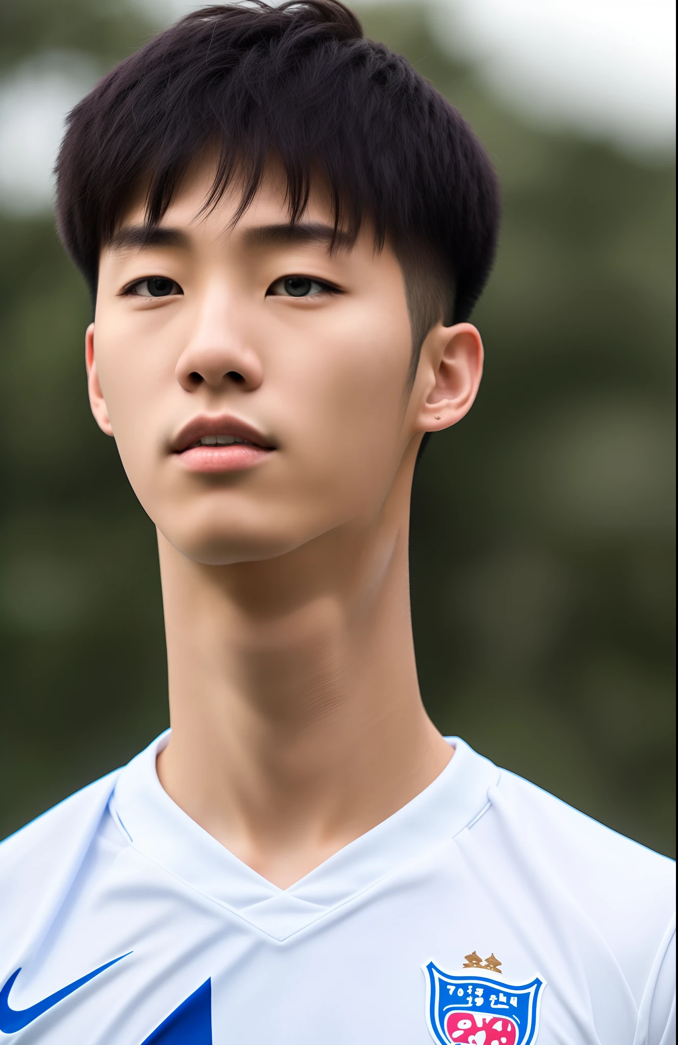 A Young Korean man , 1boy, white skin , detailed skin, 1boy, ((realistic)), abs, good lighting quality, muscle veins, ((pale skin)), footballer, (masterpiece, ultra quality, high resolution, 8k, intricate:1.2), (detailed face:1.2), handsome, wearing tight white soccer uniform, bulge, 1boy,solo, looking at viewer, balance eyes, (((from below))), bedroom, (eye contact),