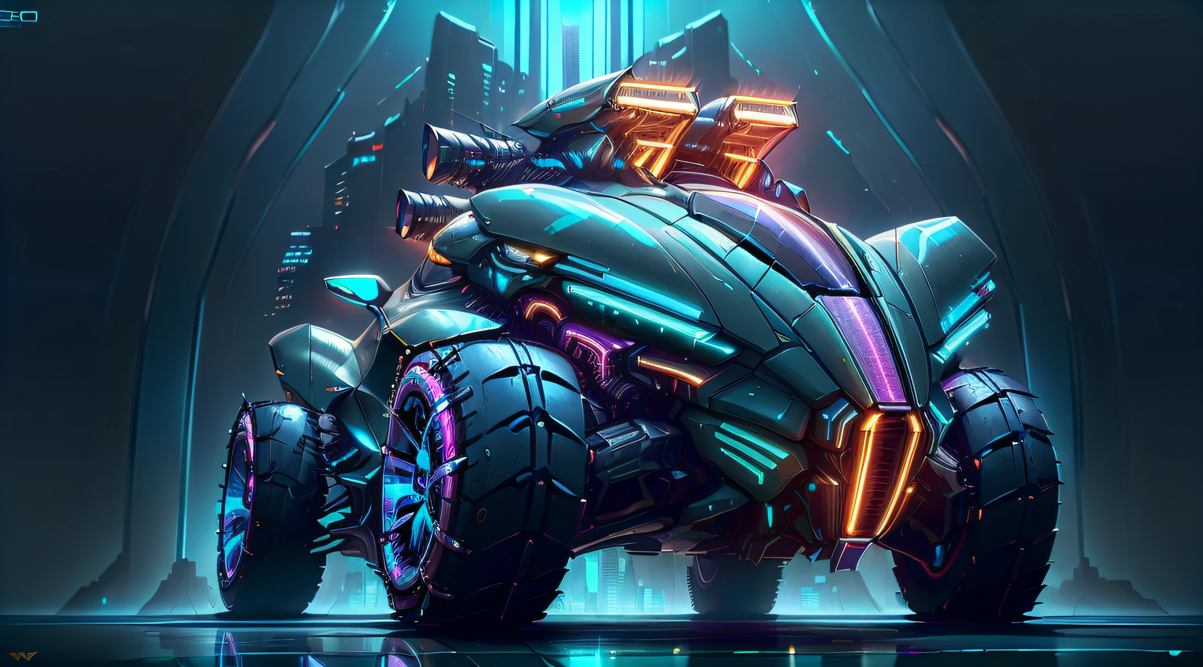 (CyberPunkAI:1.2), (BugattiAI:0.4), (sleek symmetrical futuristic sports car:1.2) with a futuristic weapon mount, (iridescent blue:1.4) paint, (city background, at night:1.4), highly detailed rims, (glowing rims:1.2), (intricate details, golden ratio, masterpiece:1.2), (8k, photorealistic, insane quality, best quality:1.6), extremely detailed, highest detail, highly detailed, incredibly detailed