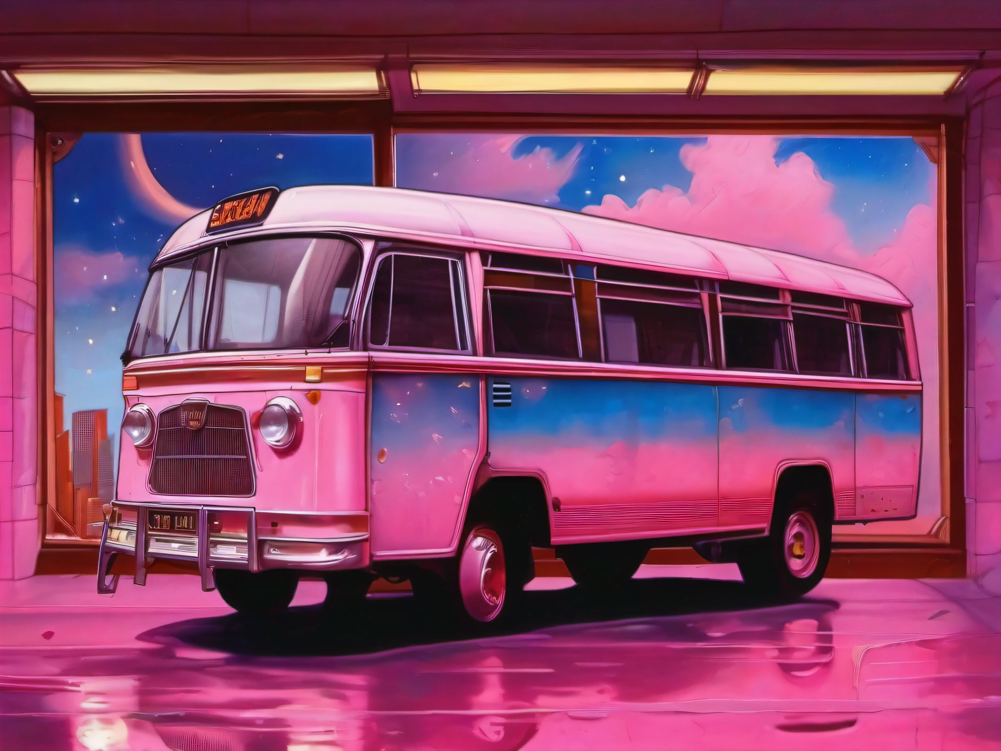 (Of blue enamel bus), beat-up, dented flank, window reflection, pink night sky reflected in the window, night, pink aurora