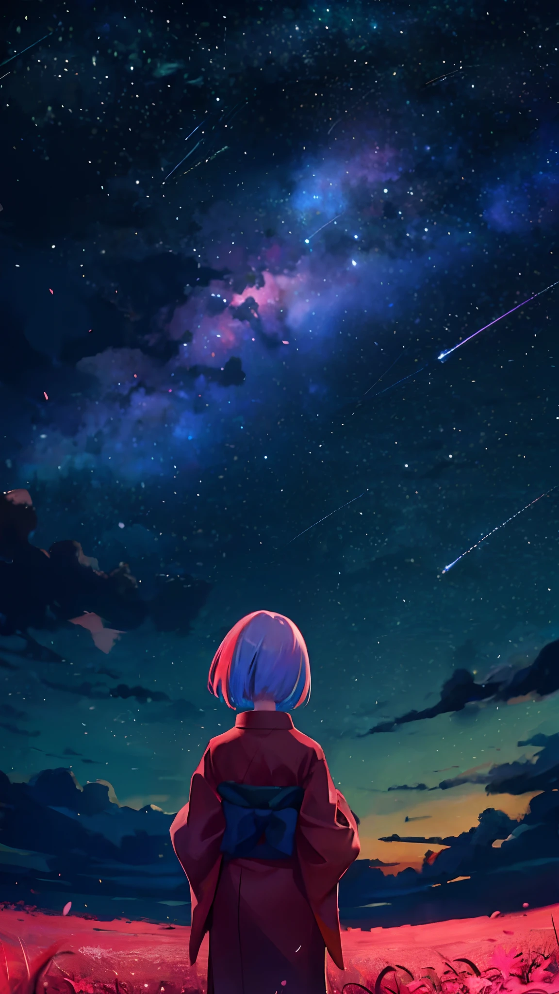 1girl, distant girl staring at the stars, (zoomed out:1.1), (meteor shower:1.2), (comet:1.1), your name, low angle, from behind, aroura borealis, shooting star, yukata, red kimono, cherry blossoms, standing in a field,best quality, masterpiece,  cloud,colorful, starry,stars,
